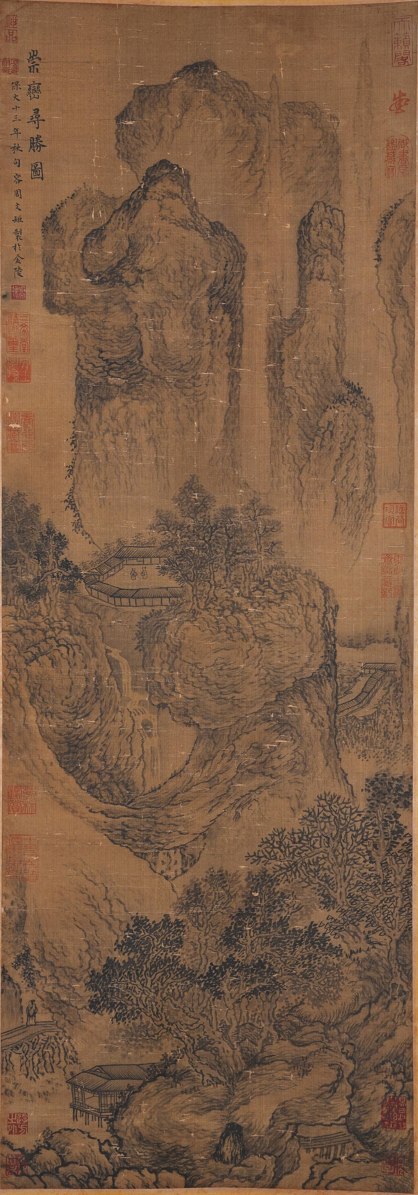 A SEEKING SCENIC BEAUTY AMONG LOFTY PEAKS PAINTING ON SILK BY ZHOU WENJU.周文矩 (1 of 8)