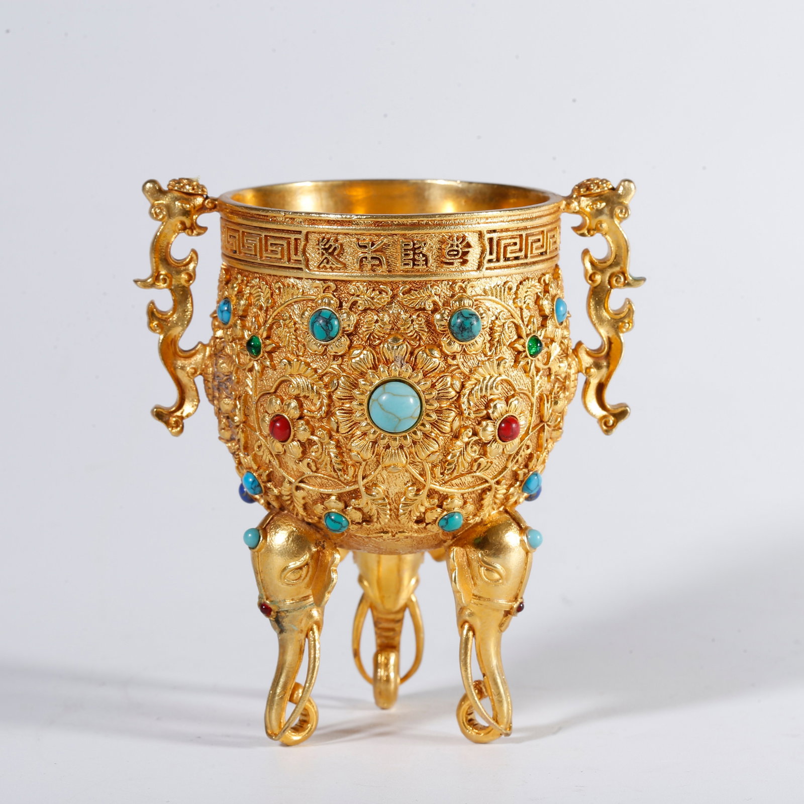 A GILT BRONZE ETERNAL PEACE CUP WITH DOUBLE DRAGON EARS (1 of 10)