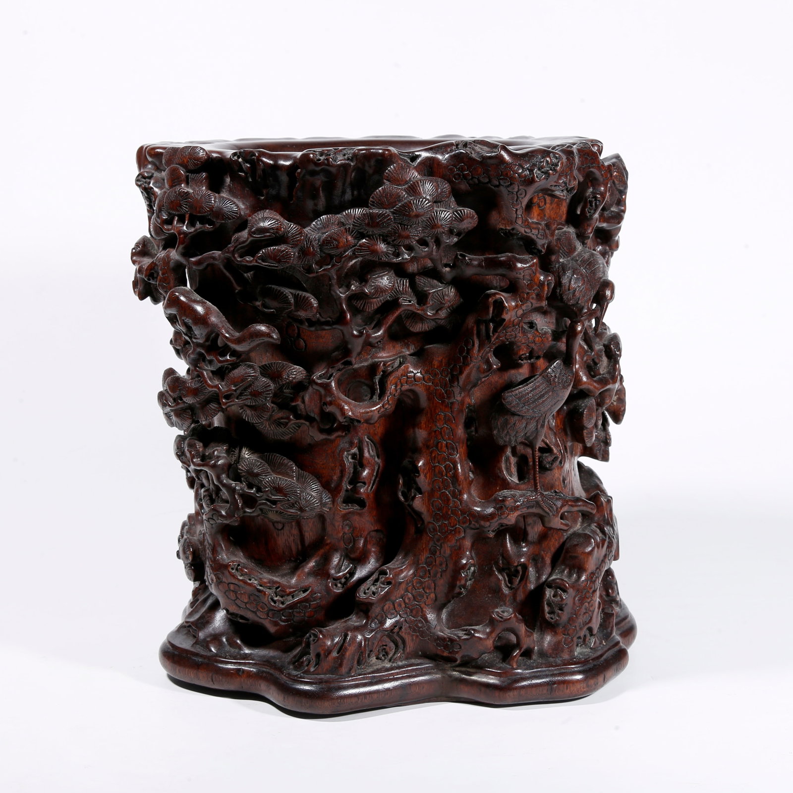 A AGARWOOD BRUSH POT CARVED WITH PINE-AND-CRANE PATTERNS (1 of 9)