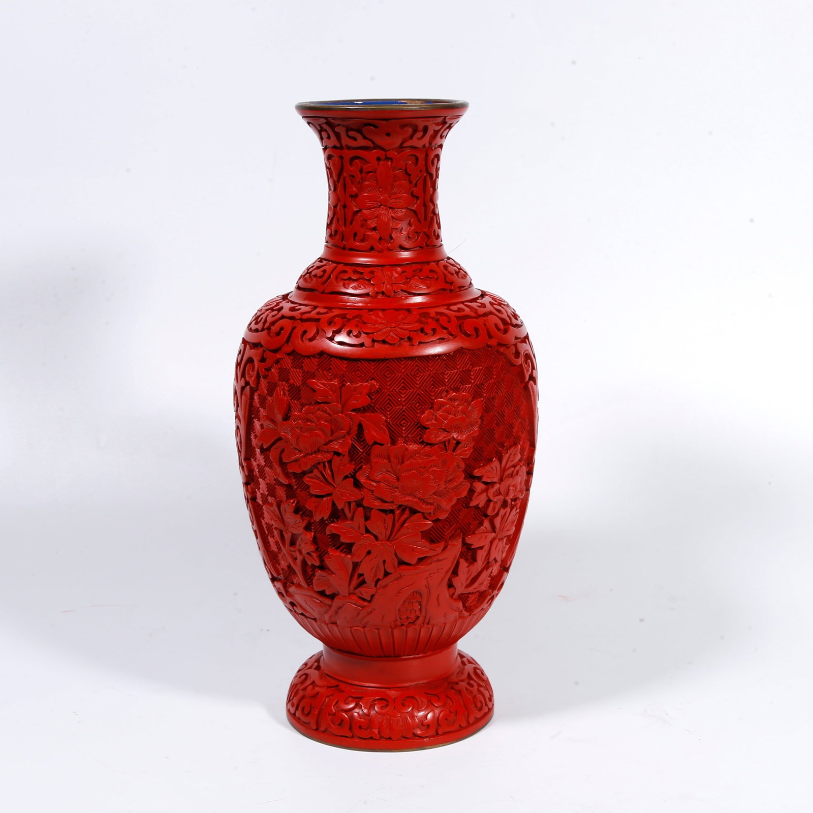 A BRONZE-BODY CARVED-RED VASE WITH ROCK-AND-FLOWER PATTERN (1 of 9)