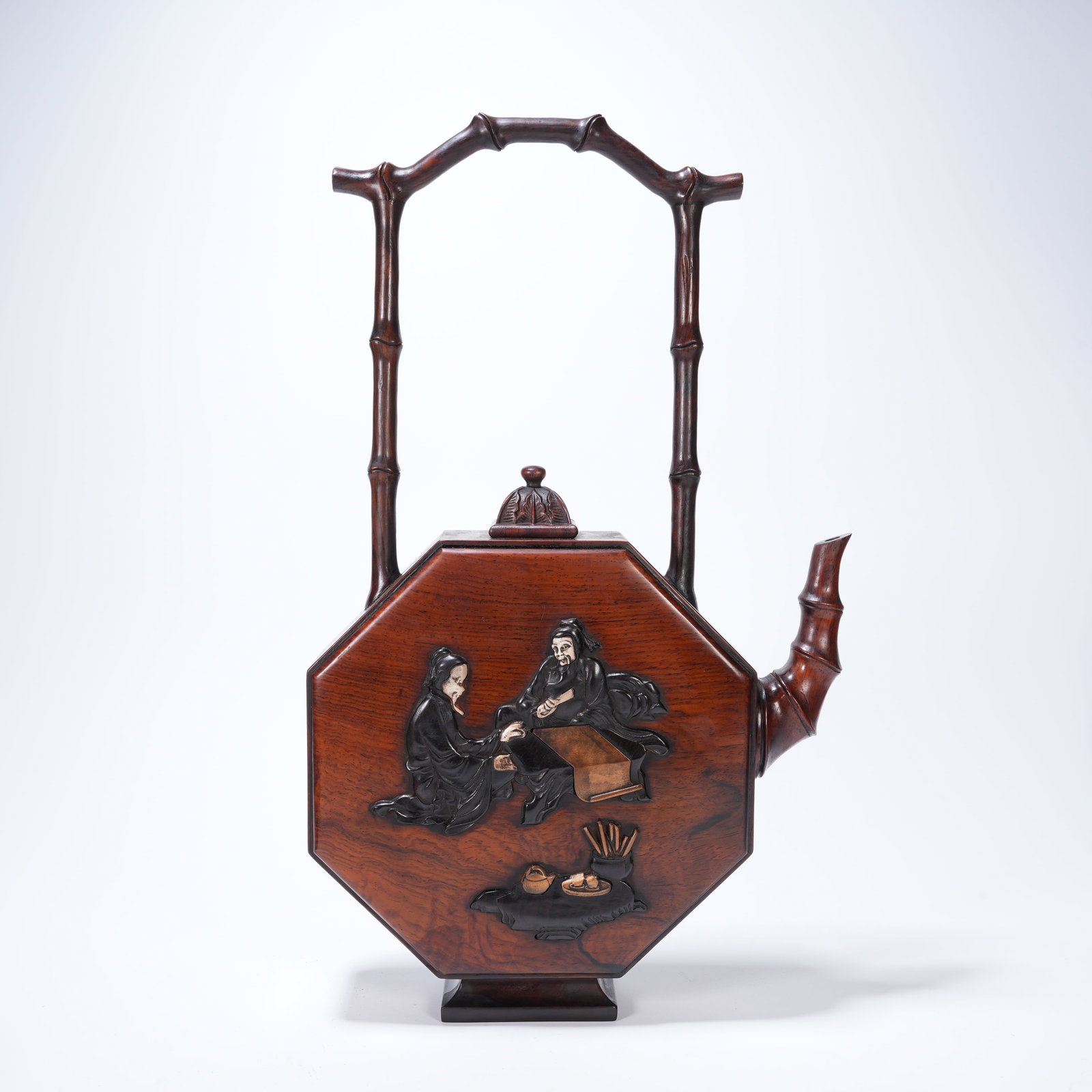 A HUANGHUALI CARRYING POT INLAID WITH ZITAN WOOD FEATURING FIGURE PATTERNS (1 of 10)