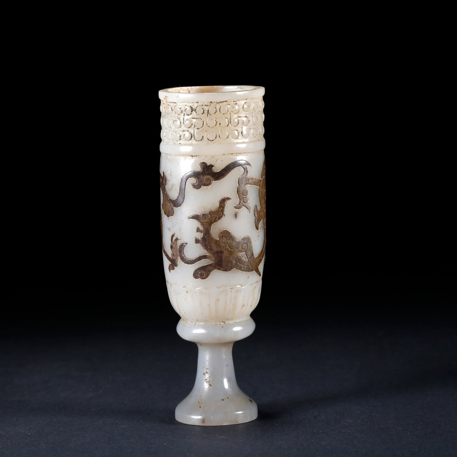 A HETIAN JADE SILVER INLAID CUP CARVED WITH DRAGON PATTERN: Hetian Jade Silver Inlaid Cup Carved with Dragon Pattern