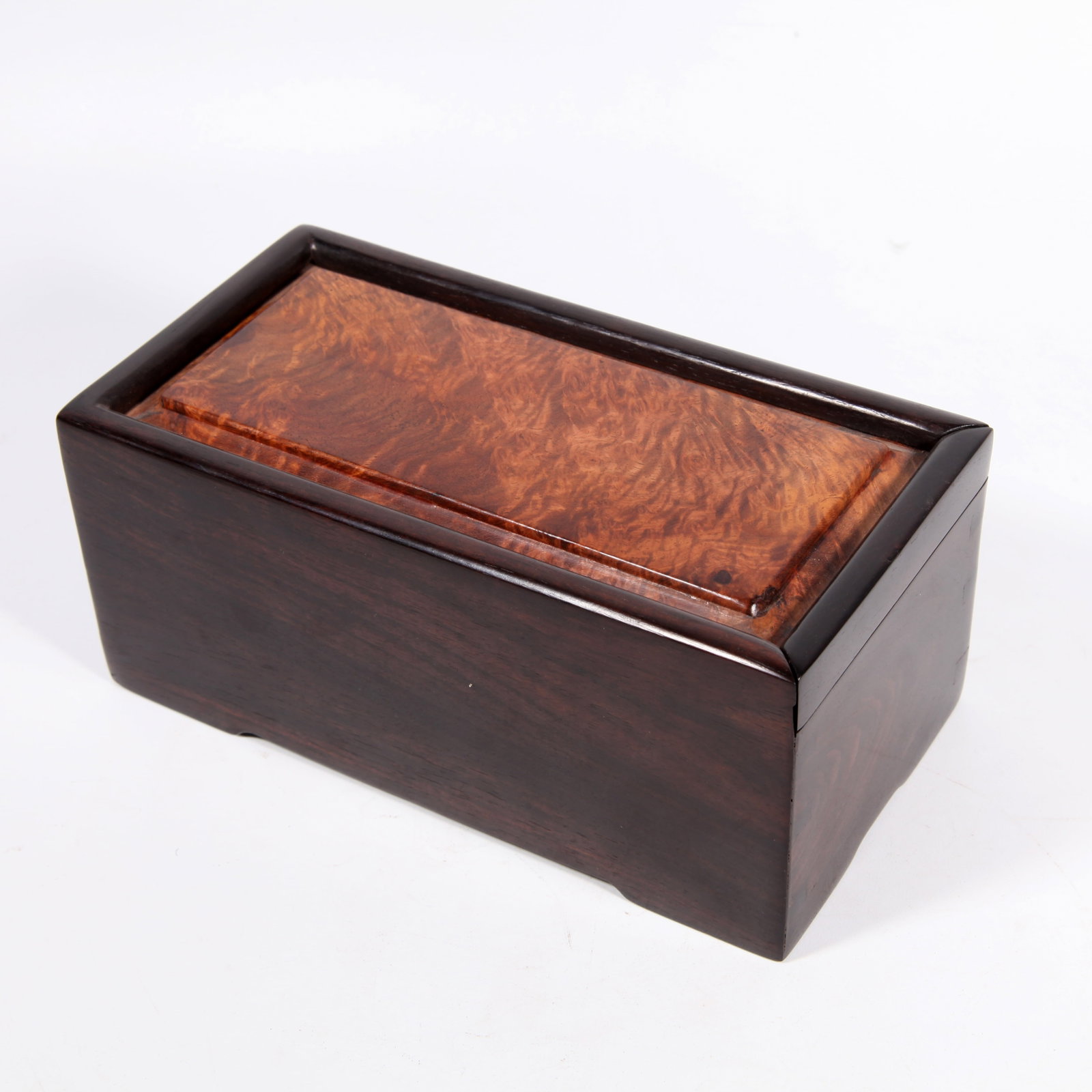 A RED SANDALWOOD SEAL BOX INLAID WITH BURL WOOD: Red sandalwood seal box inlaid with burl wood