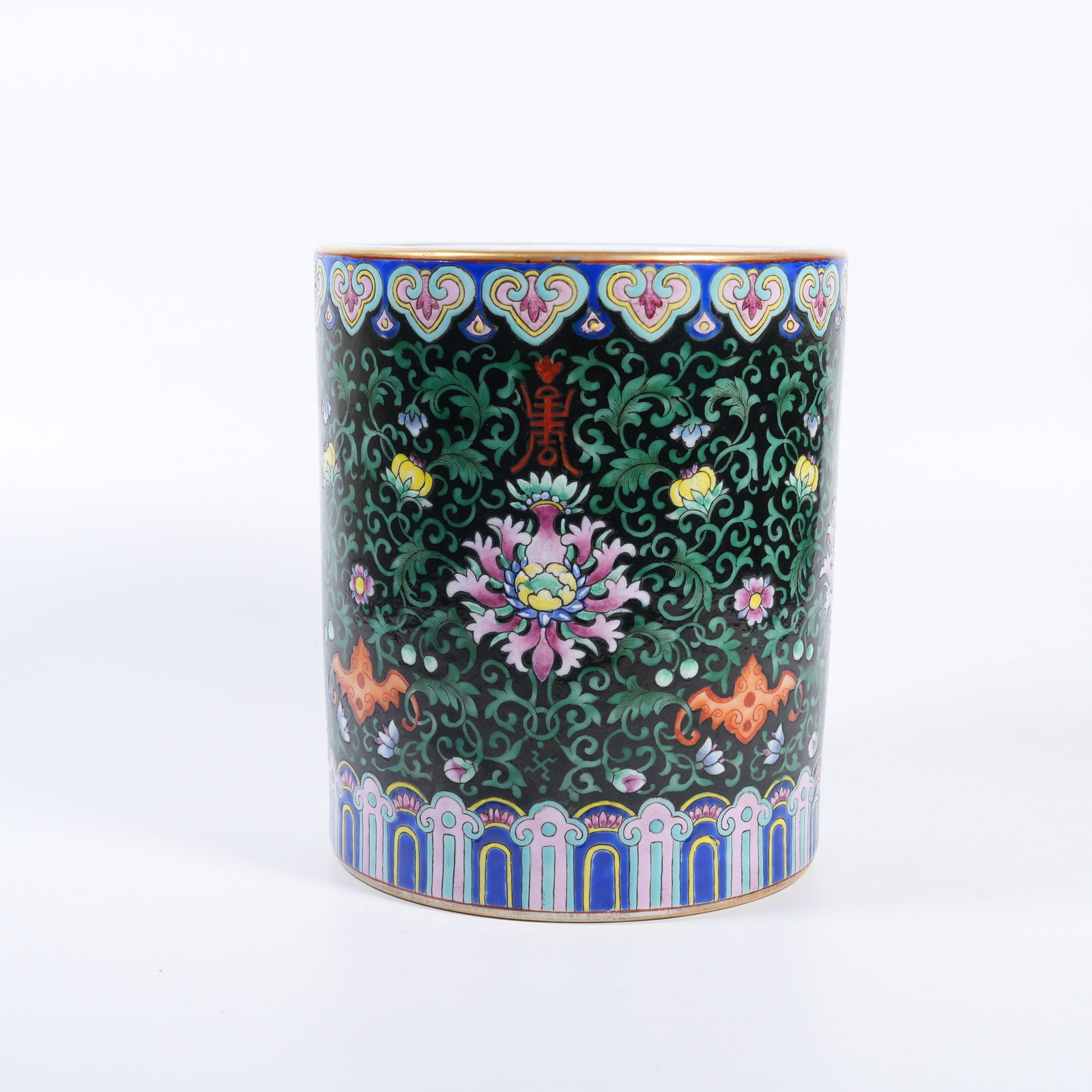 A BLACK-GROUND FAMILLE ROSE BRUSH POT WITH INTERLOCKING FLORAL SCROLLS OF PRECIOUS FLOWERS (1 of 9)