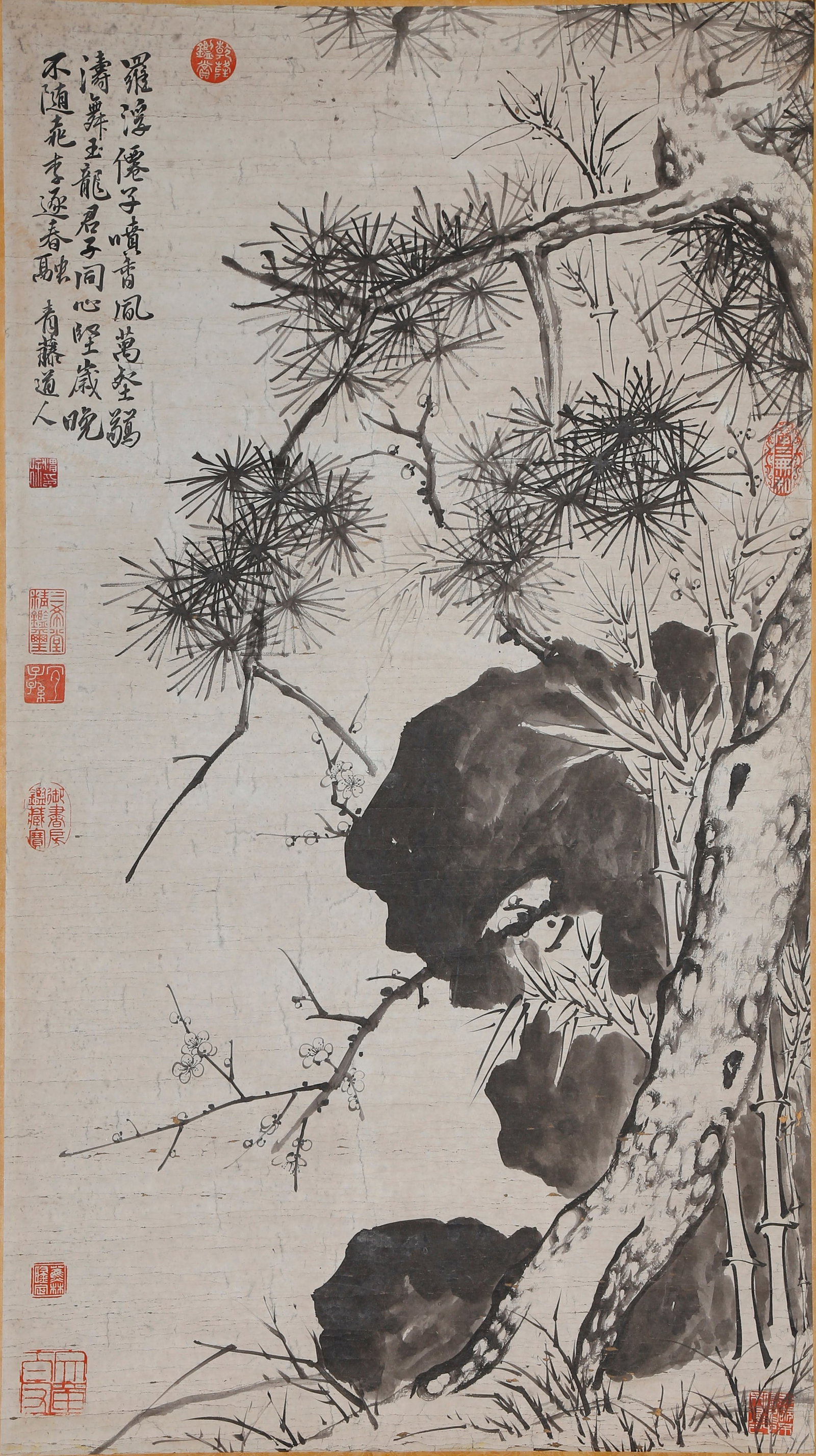 A BAMBOO AND ROCK PAINTING ON PAPER BY XU WEI.徐渭: Bamboo and rock painting on paper by Xu Wei.徐渭