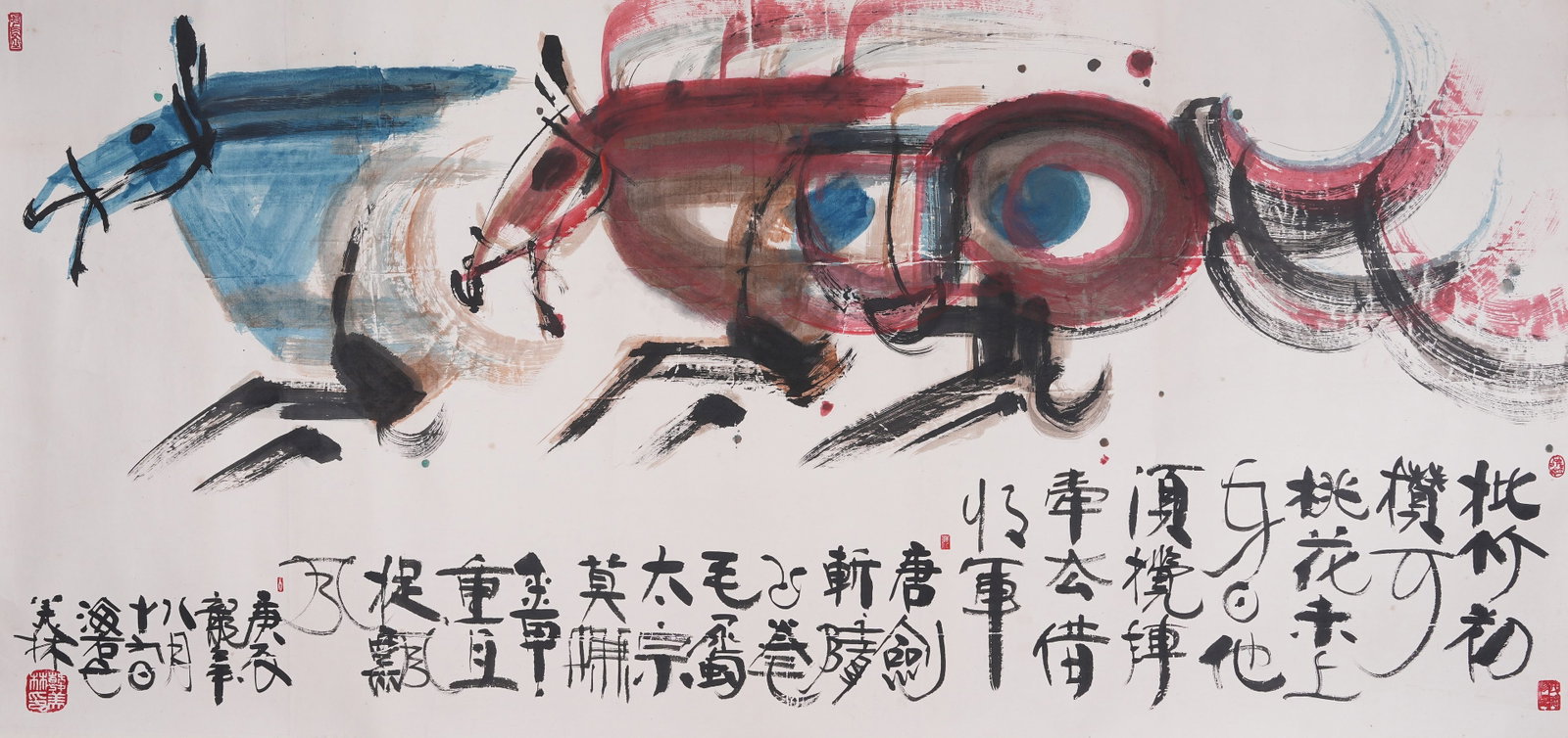 A HORSES PAINTING ON PAPER, MOUNTED PANEL BY HAN MEILIN.韓美林 (1 of 8)