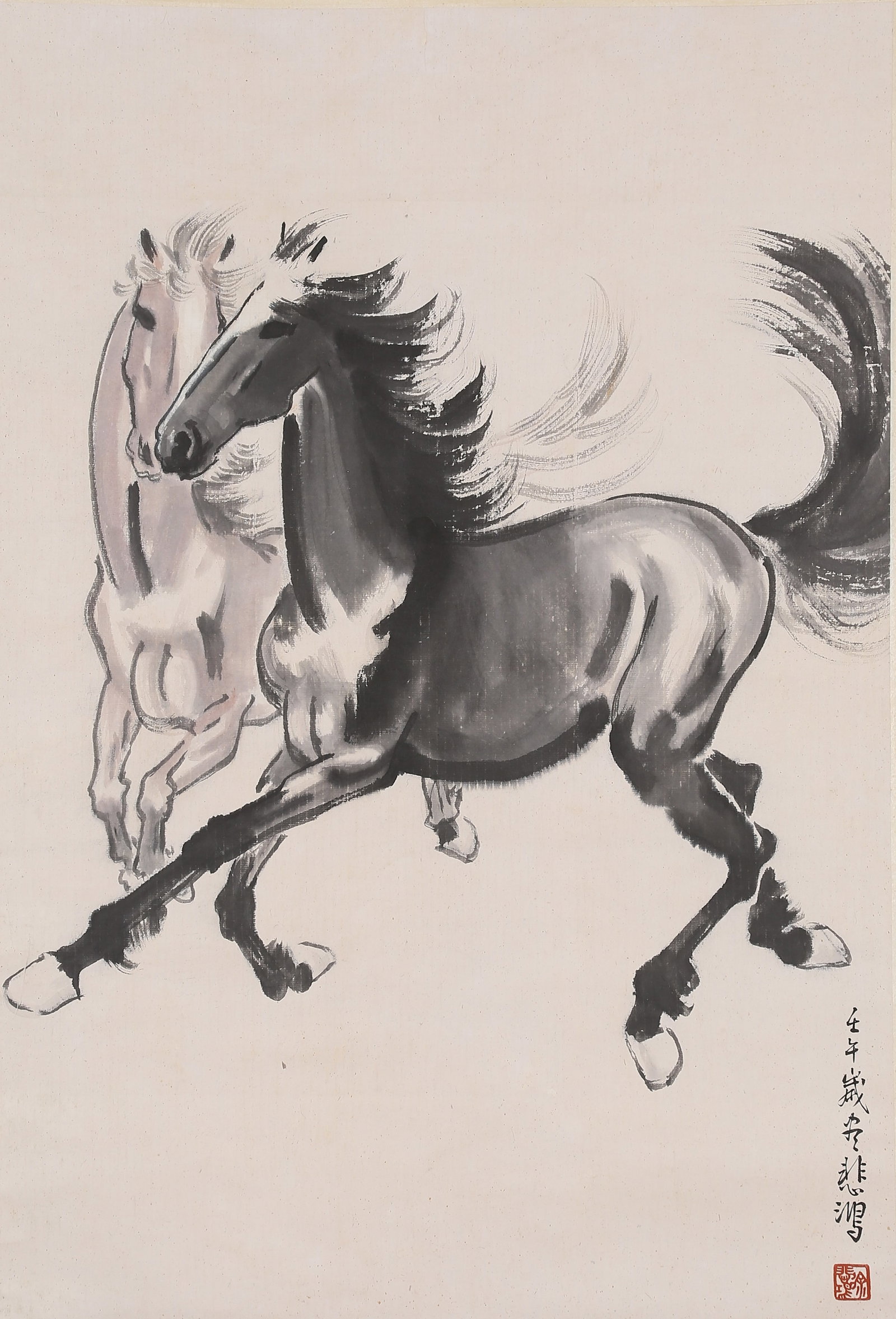 A TWO HORSES PAINTING ON PAPER BY XU BEIHONG.徐悲鴻: Two Horses Painting on Paper by Xu Beihong.徐悲鴻