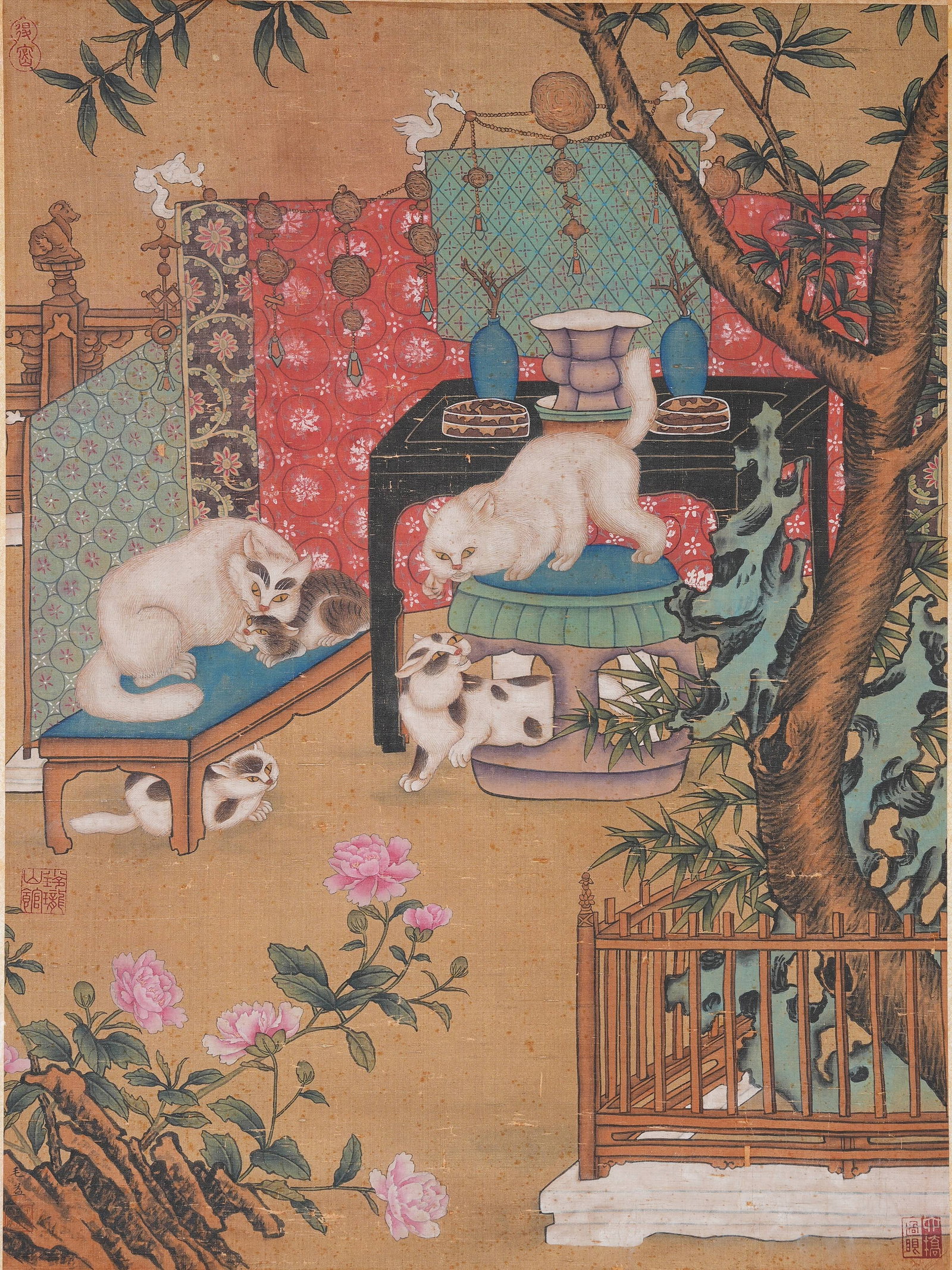 A CAT AMUSEMENT PAINTING ON SILK BY MAO YI.毛益 (1 of 7)