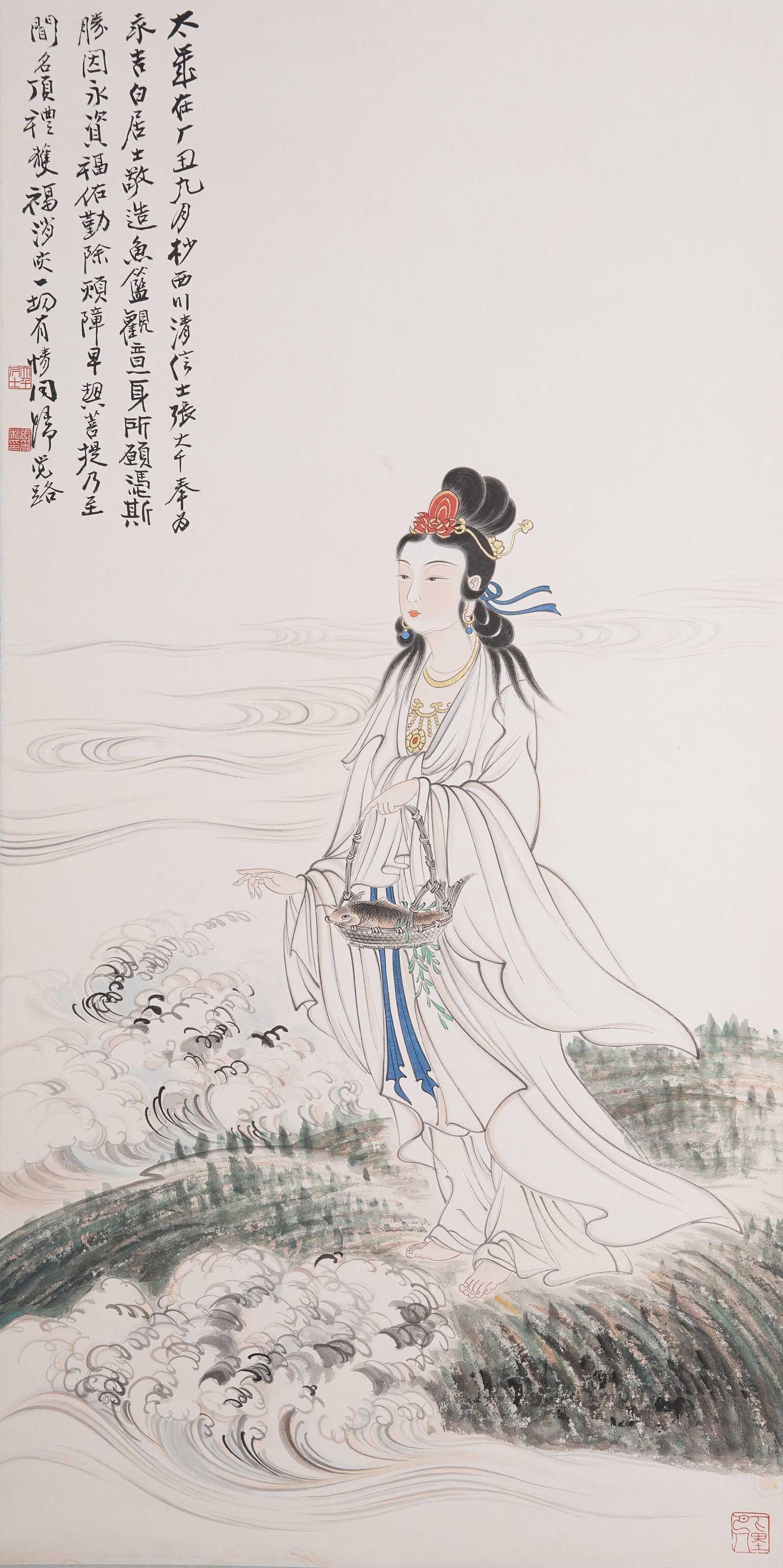 A GUANYIN PAINTING ON PAPER BY ZHANG DAQIAN.張大千: Guanyin Painting on Paper by Zhang Daqian.張大千