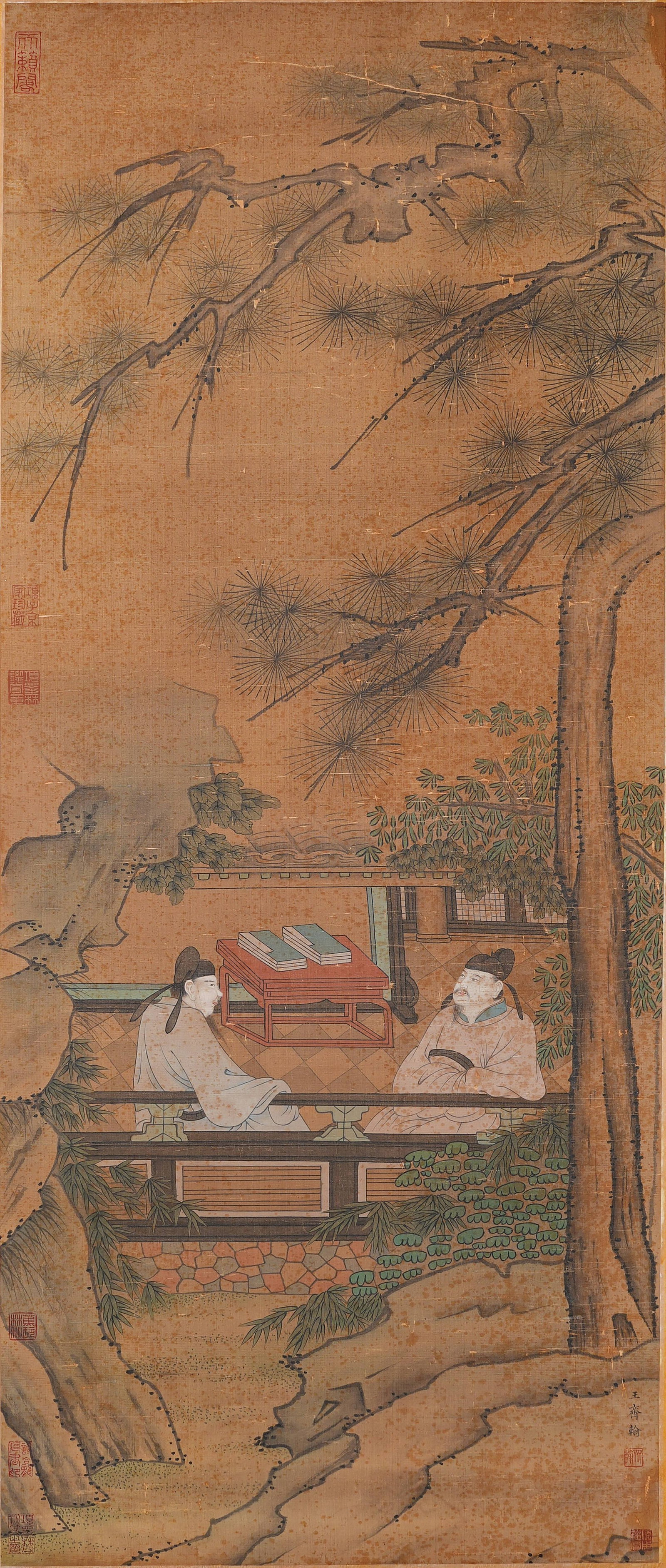 A SCHOLAR BENEATH PINE PAINTING ON SILK BY WANG QIHAN.王齊翰: Scholar beneath pine painting on silk by Wang Qihan.王齊翰