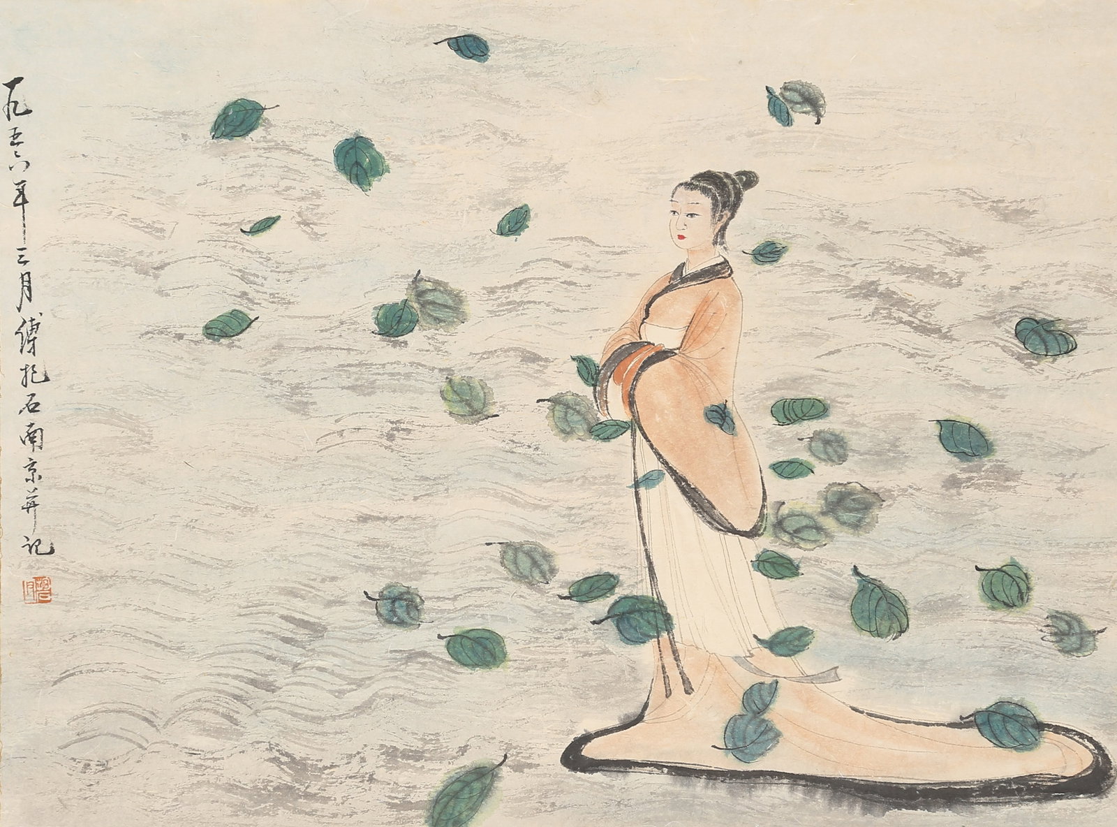 A BEAUTY PAINTING ON PAPER BY FU BAOSHI.傅抱石: Beauty Painting on Paper by Fu Baoshi.傅抱石