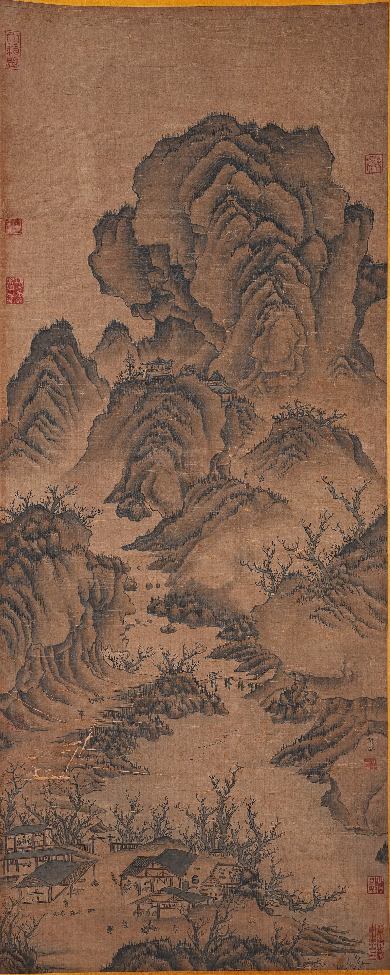 A LANDSCAPE PAINTING ON SILK BY GUAN TONG.關仝: Landscape painting on silk by Guan Tong.關仝