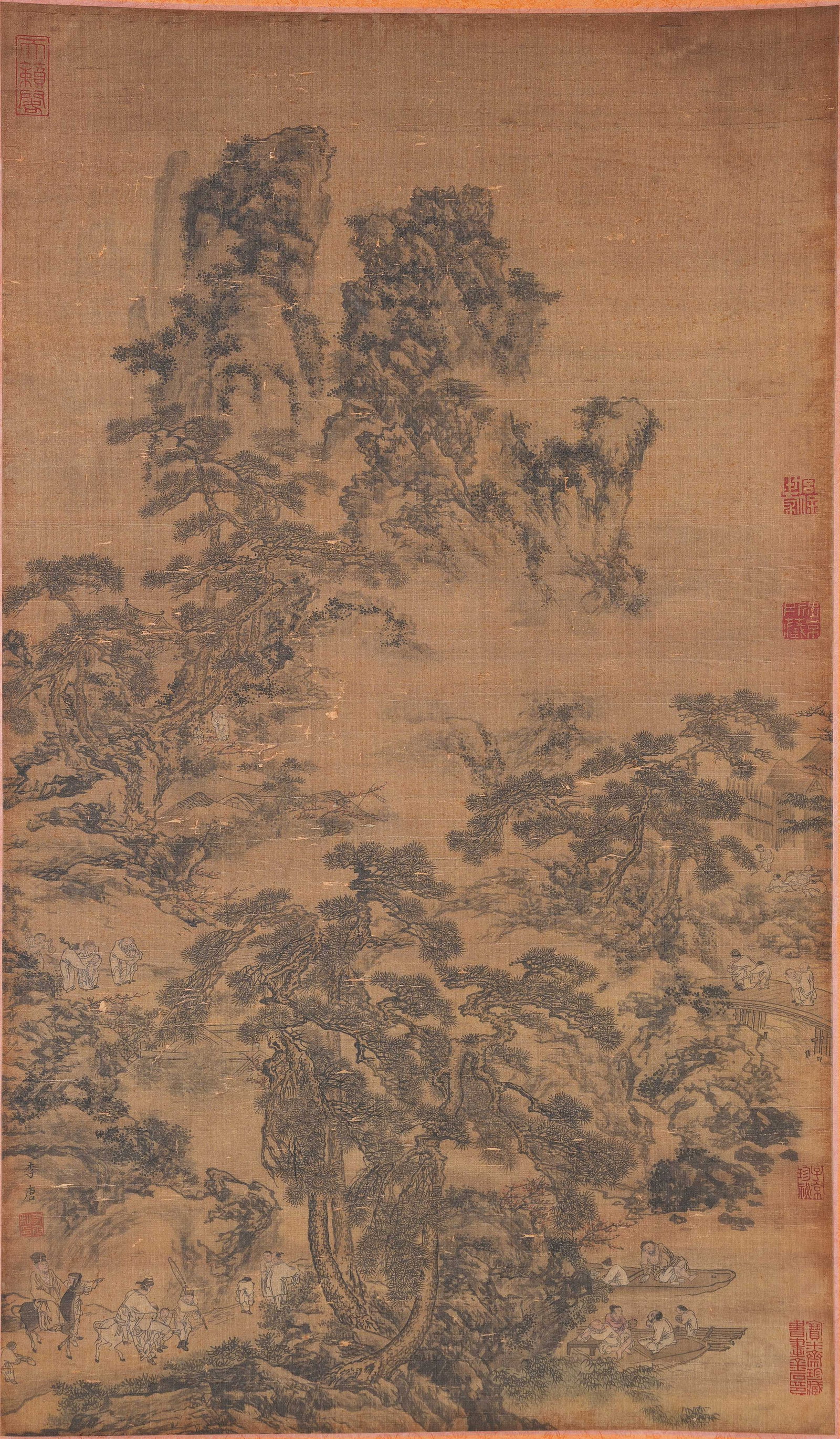 A LANDSCAPE AND FIGURE PAINTING ON SILK BY LI TANG.李唐: Landscape and figure painting on silk by Li Tang.李唐