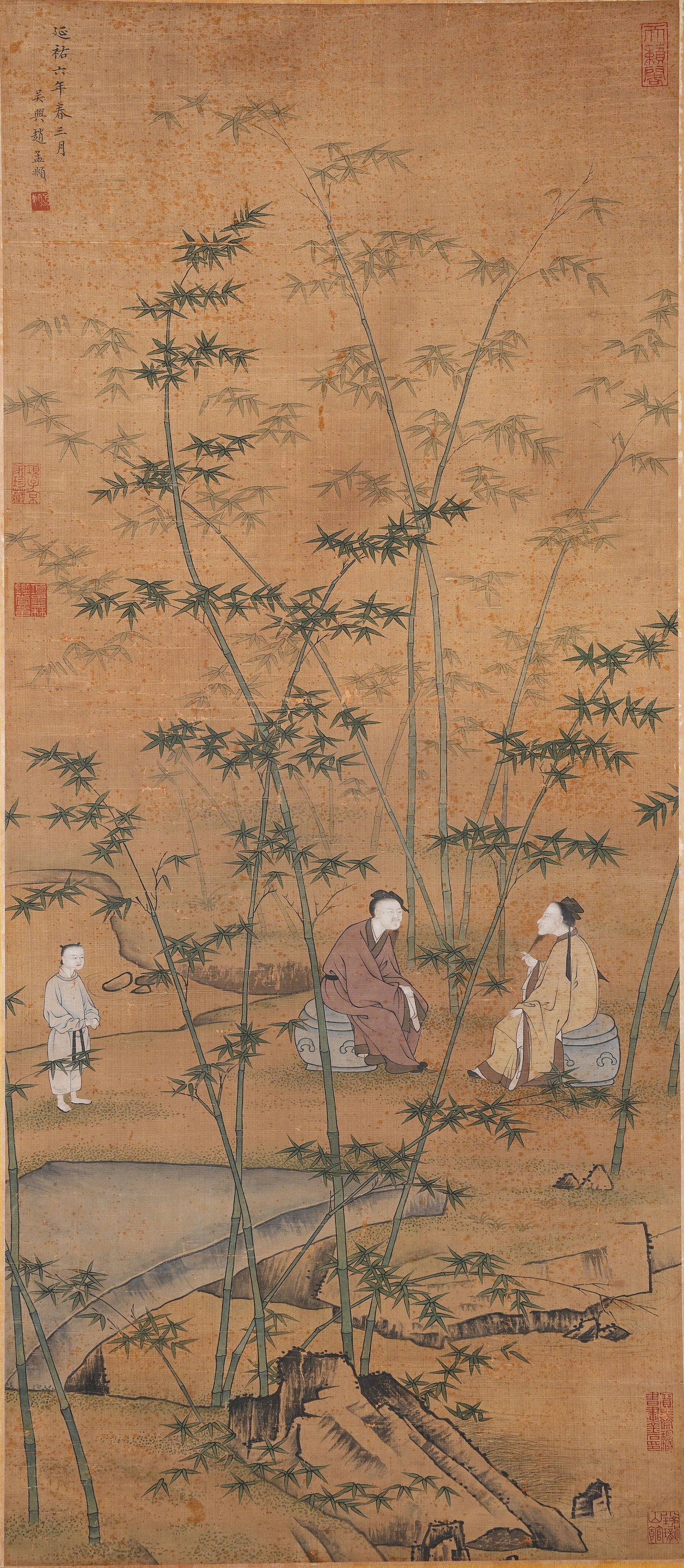 A SCHOLARS IN BAMBOO GROVE PAINTING ON SILK BY ZHAO MENGFU.趙孟頫: Scholars in bamboo grove painting on silk by Zhao Mengfu.趙孟頫