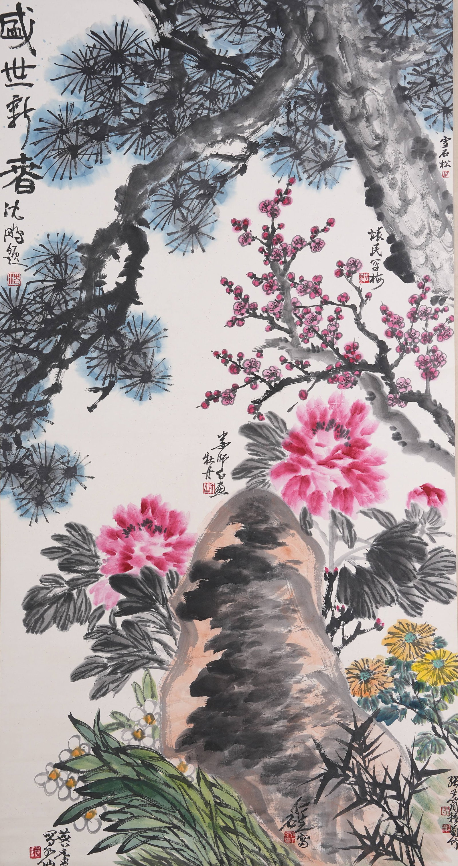 A FLOWER PAINTING ON PAPER COLLABORATIVELY PAINTED BY DISTINGUISHED ARTISTS.: Flower Painting on Paper Collaboratively Painted by Distinguished Artists.