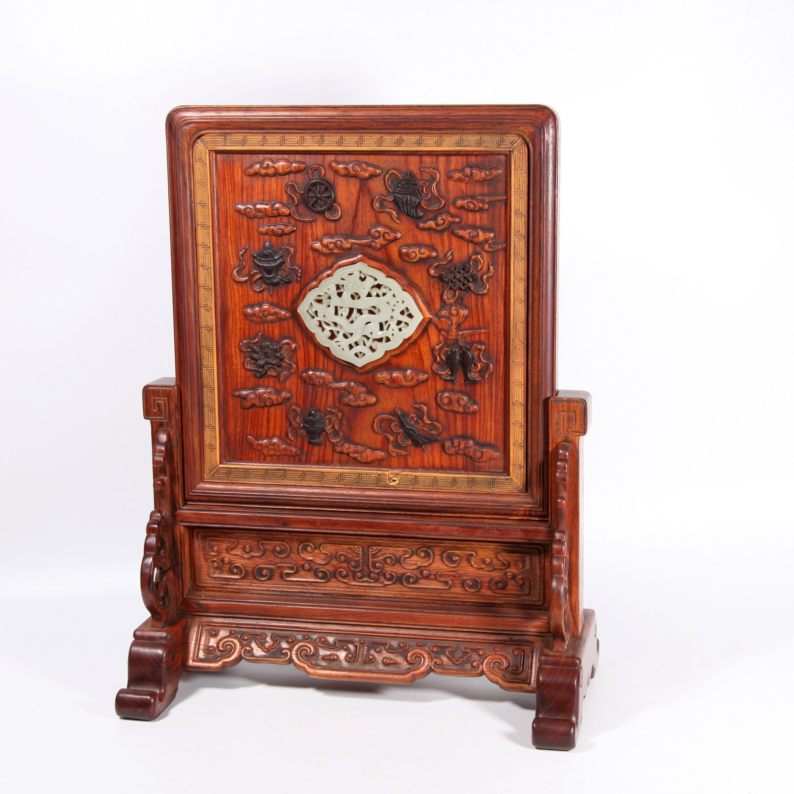 A HUANGHUALI WOOD TABLE SCREEN INLAID WITH JADE WITH EIGHT-TREASURE PATTERN (1 of 9)