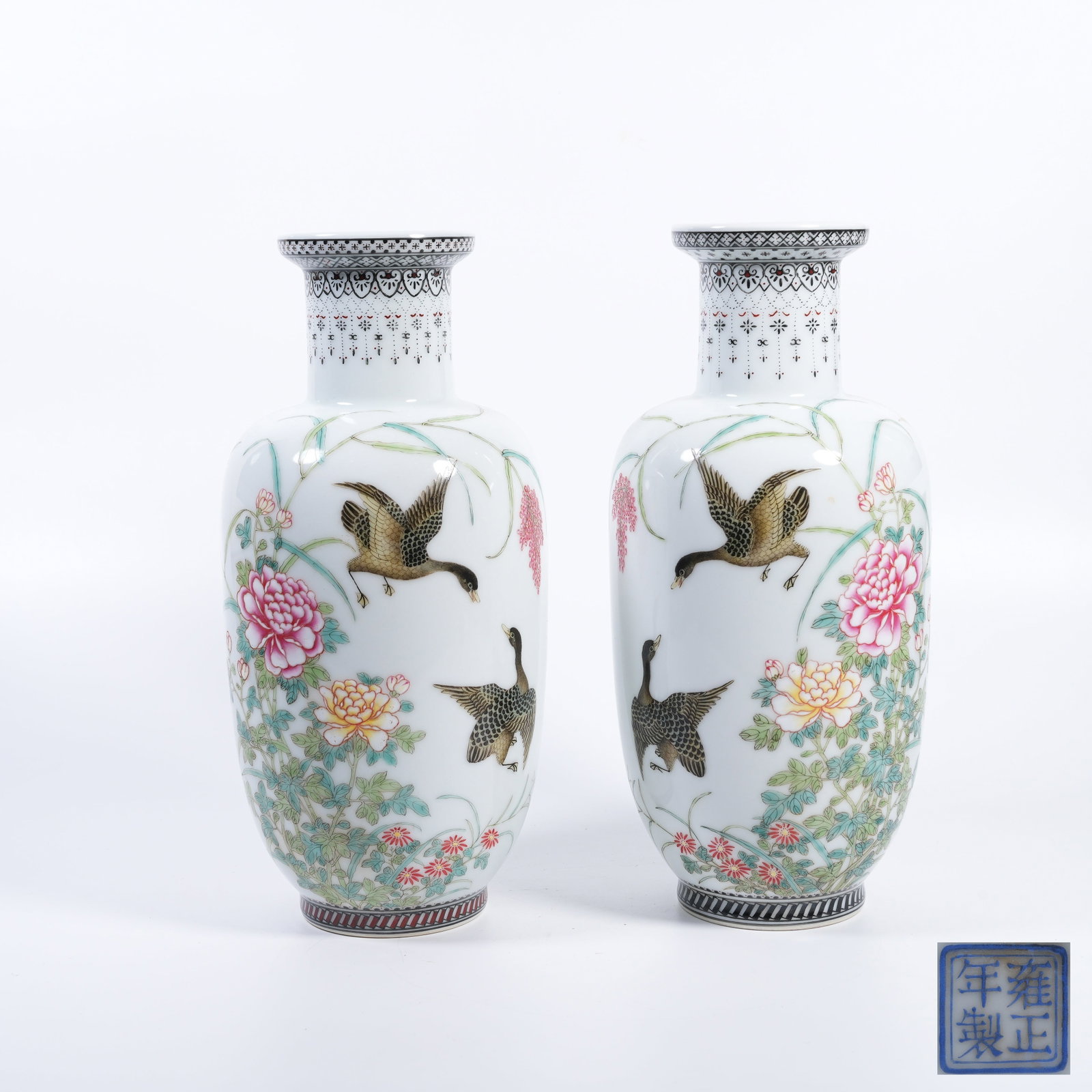 A PAIR OF FAMILLE ROSE CLUB-SHAPED VASES WITH REED-GOOSE AND FLORAL MOTIFS (1 of 10)