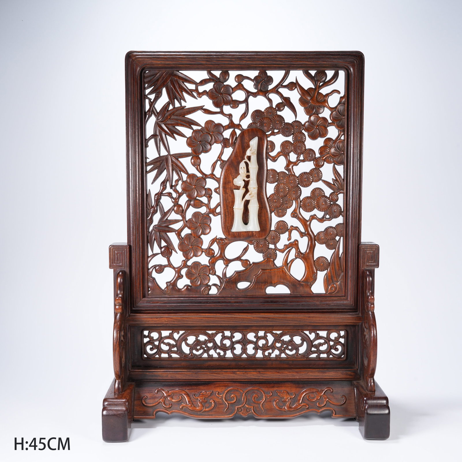 A HUANGHUALI TABLE SCREEN INLAID WITH HETIAN JADE DEPICTING THREE FRIENDS OF WINTER (1 of 9)