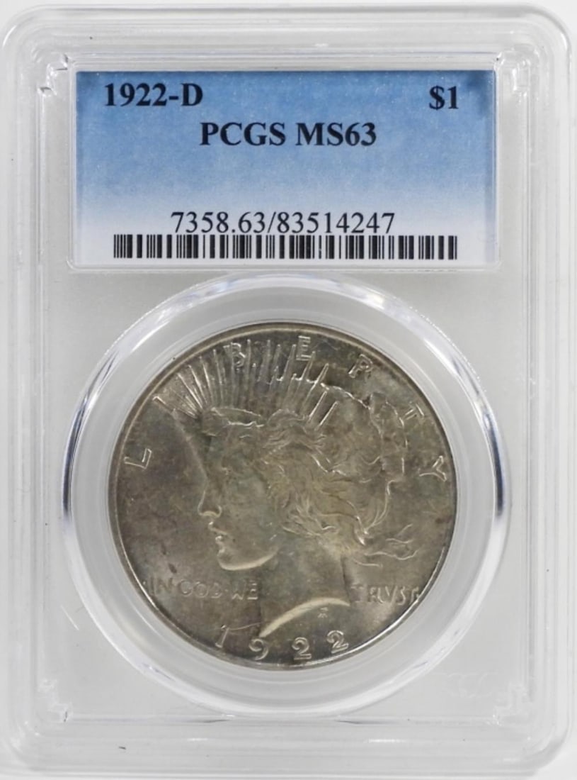 1922-D PEACE SILVER DOLLAR PCSG MS63: 1922-D PEACE SILVER DOLLAR PCSG MS63