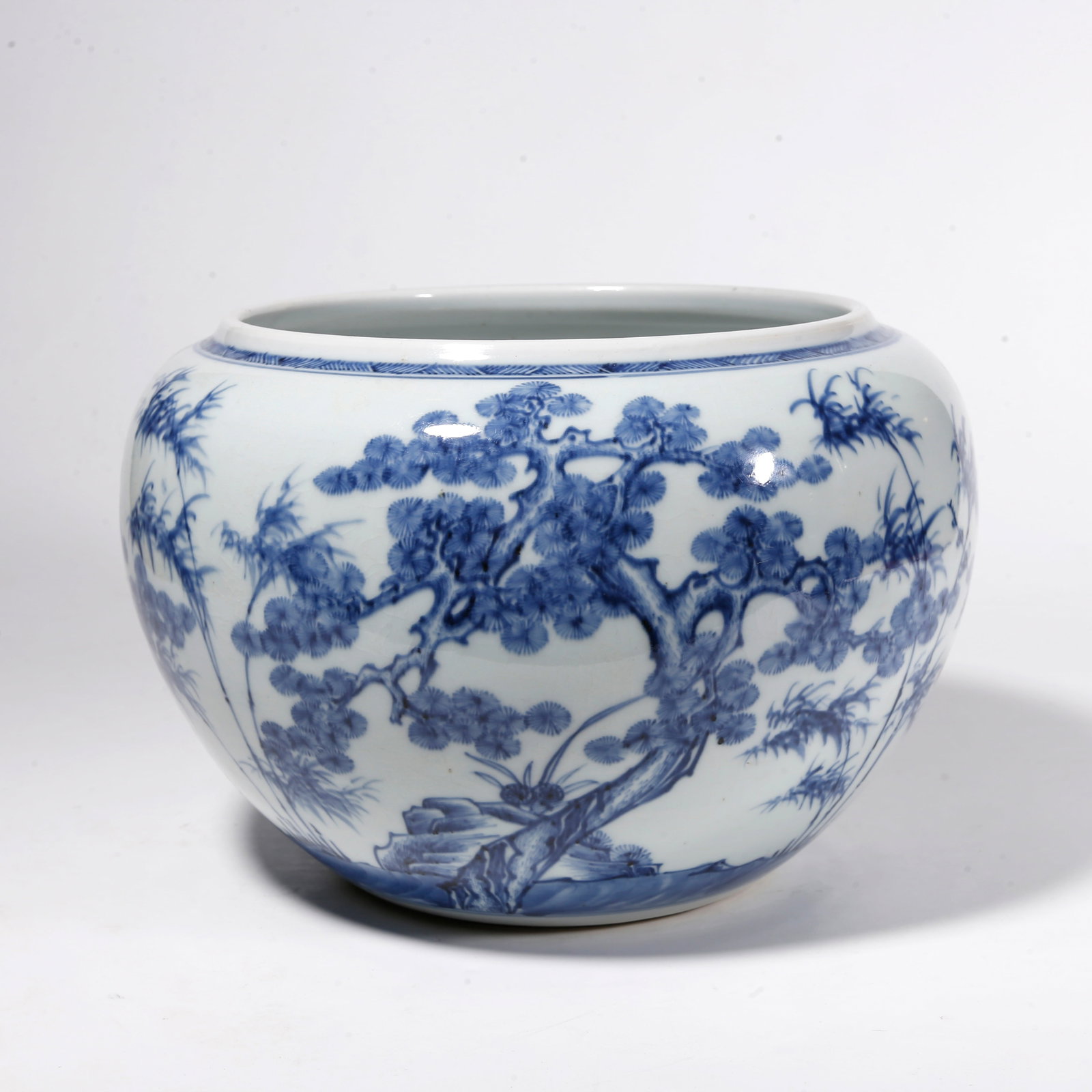 A BLUE AND WHITE JAR WITH THREE-FRIENDS-OF-WINTER DESIGN: Blue and White Jar with Three-Friends-of-Winter Design