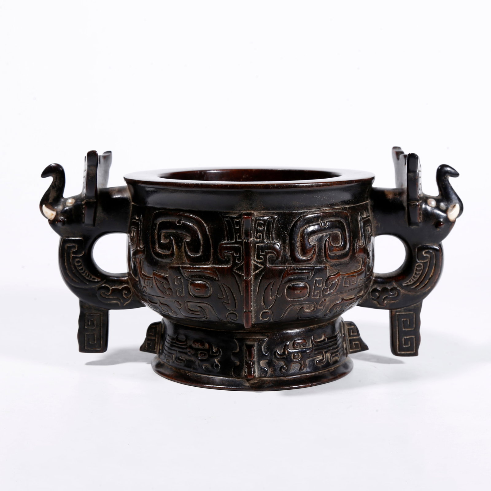 A ZITAN WOOD TWO-EARED CENSER CARVED WITH BEAST-MASK PATTERNS (1 of 9)