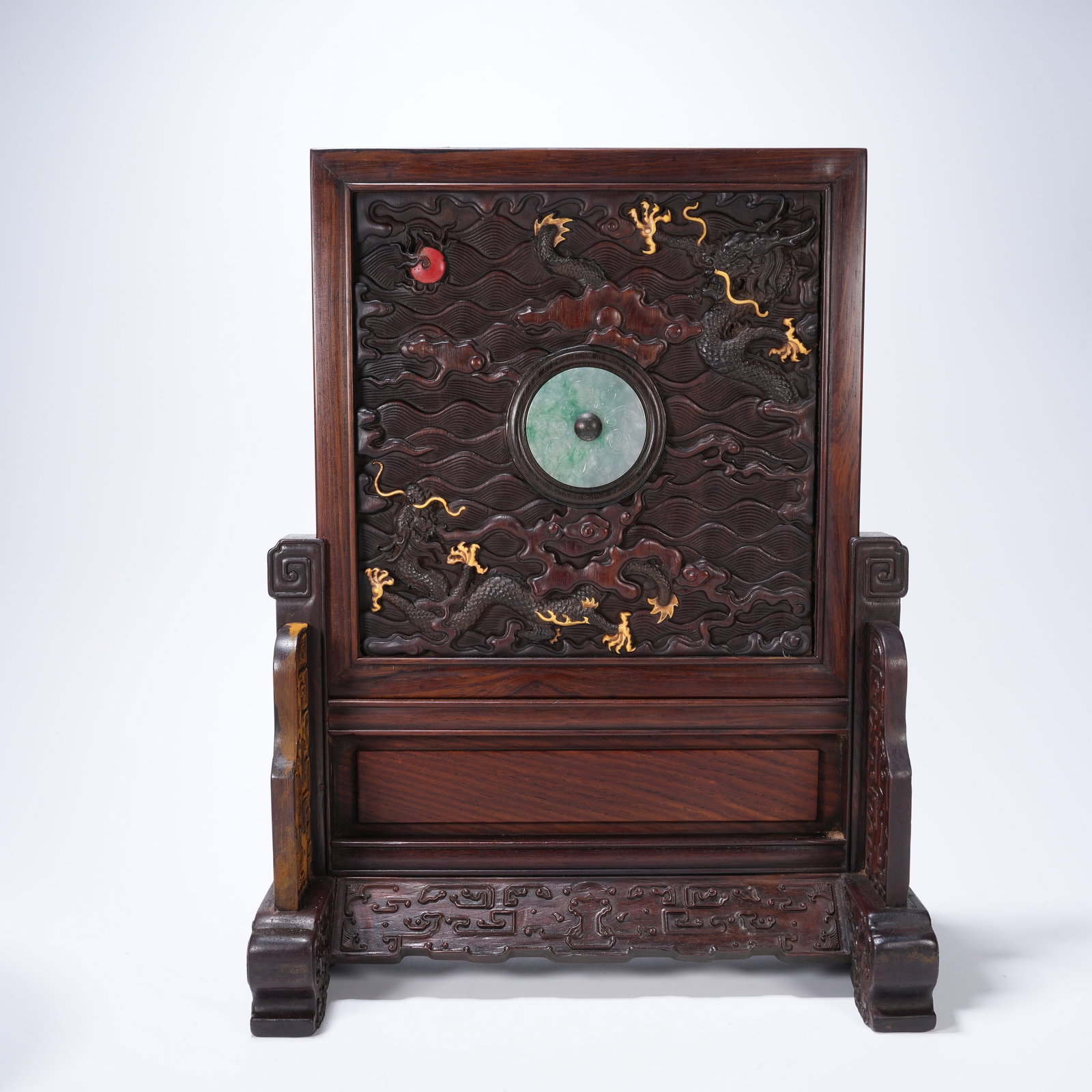 A HUANGHUALI TABLE SCREEN INLAID WITH JADEITE DEPICTING CLOUD-DRAGON PATTERNS (1 of 8)