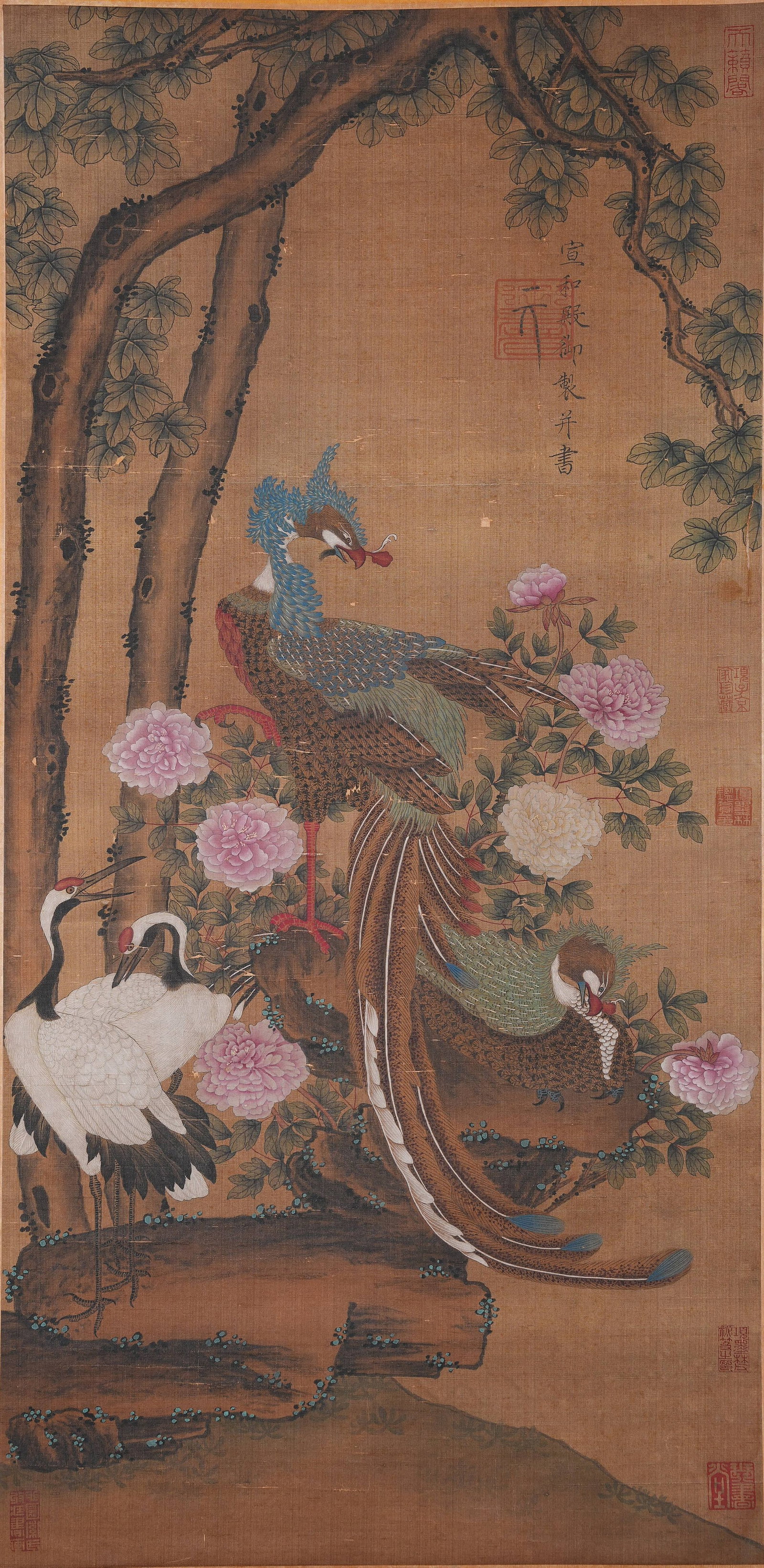 A FLOWER-AND-BIRD PAINTING ON SILK BY EMPEROR HUIZONG OF SONG.宋徽宗: Flower-and-bird painting on silk by Emperor Huizong of Song.宋徽宗