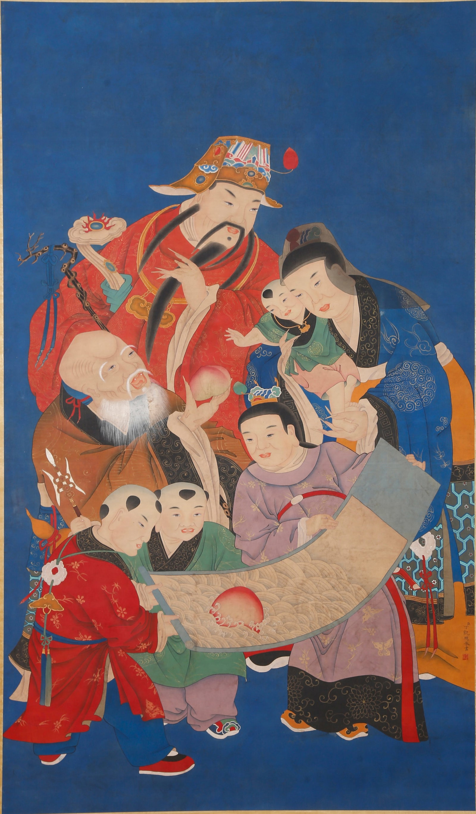 A THREE STARS PAINTING ON SILK BY DING GUANPENG.丁觀鵬: Three Stars painting on silk by Ding Guanpeng.丁觀鵬