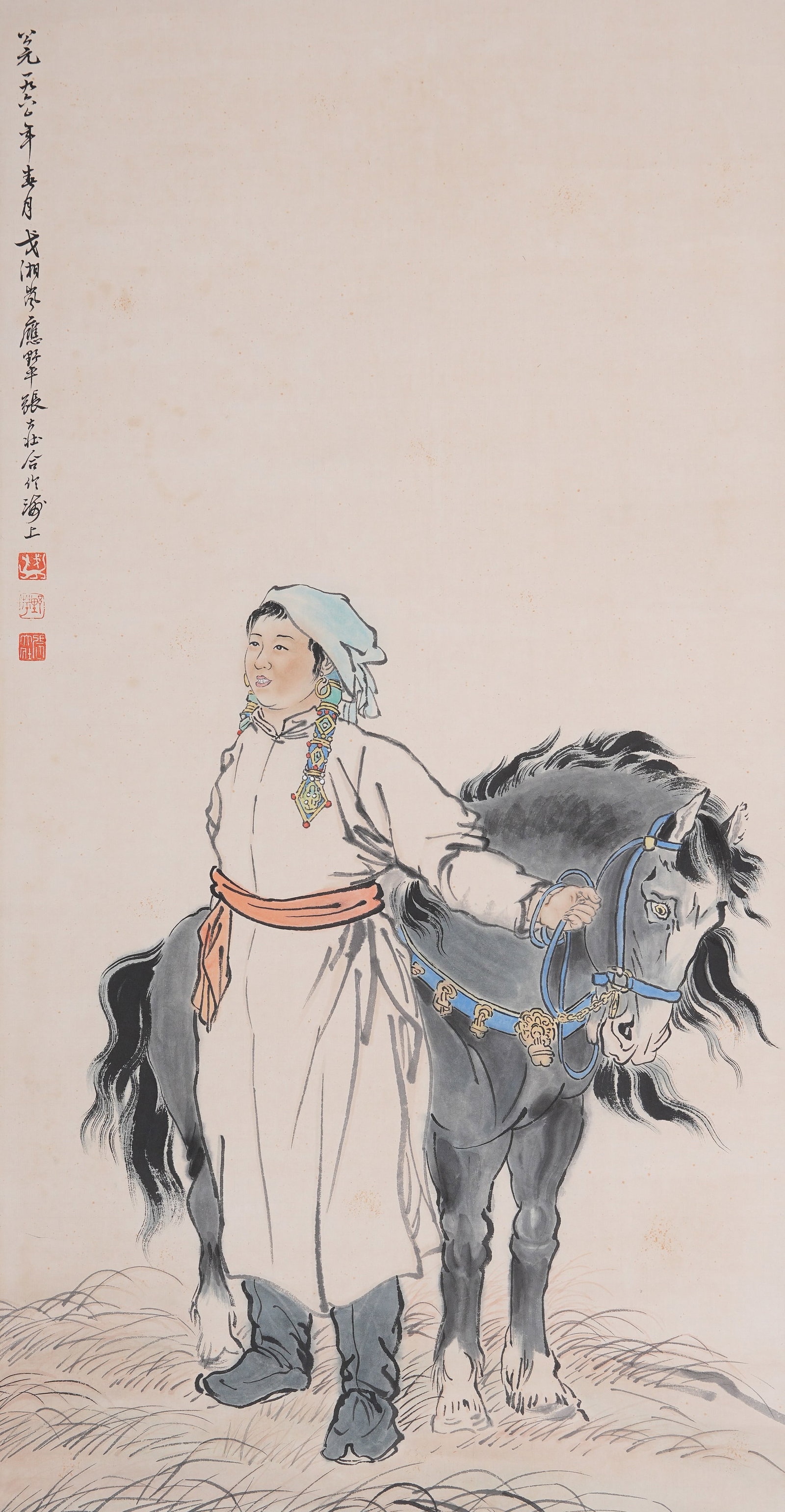 A FIGURE PAINTING ON PAPER COLLABORATIVELY PAINTED BY GE XIANGLAN, YING YEPING AND ZHANG: Figure Painting on Paper Collaboratively Painted by Ge Xianglan, Ying Yeping and Zhang Dazhuang.戈湘嵐 應野平 張大壯