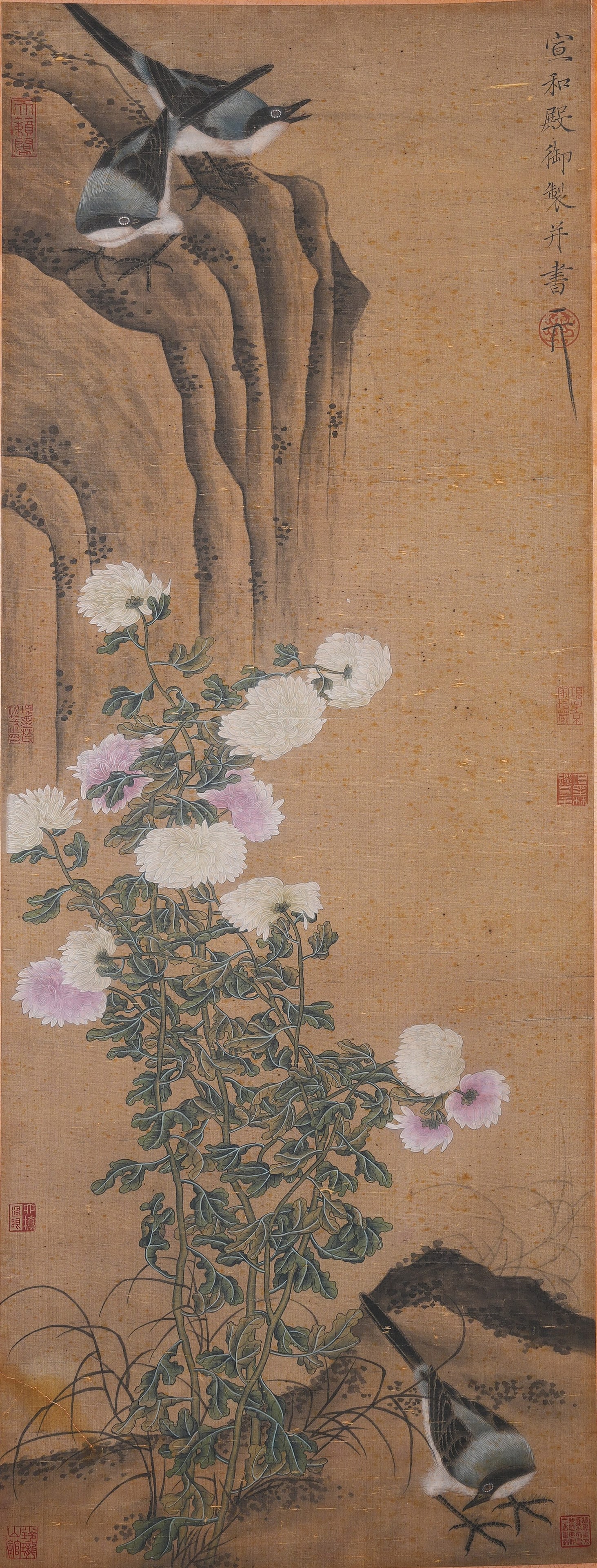 A FLOWER-AND-BIRD PAINTING ON SILK BY EMPEROR HUIZONG OF SONG.宋徽宗: Flower-and-bird painting on silk by Emperor Huizong of Song.宋徽宗