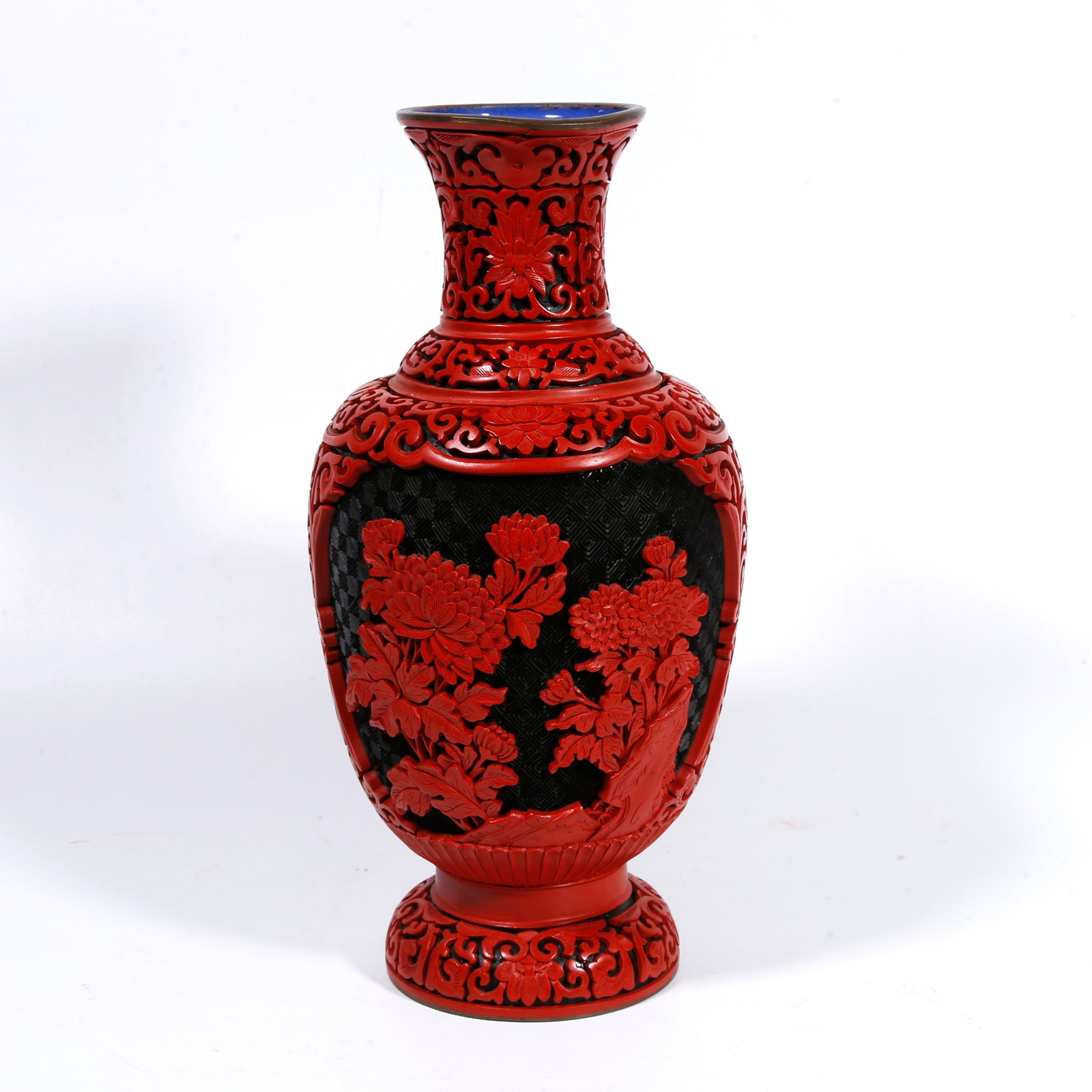 A BRONZE-BODY CARVED-RED VASE WITH ROCK-AND-FLOWER PATTERN (1 of 8)
