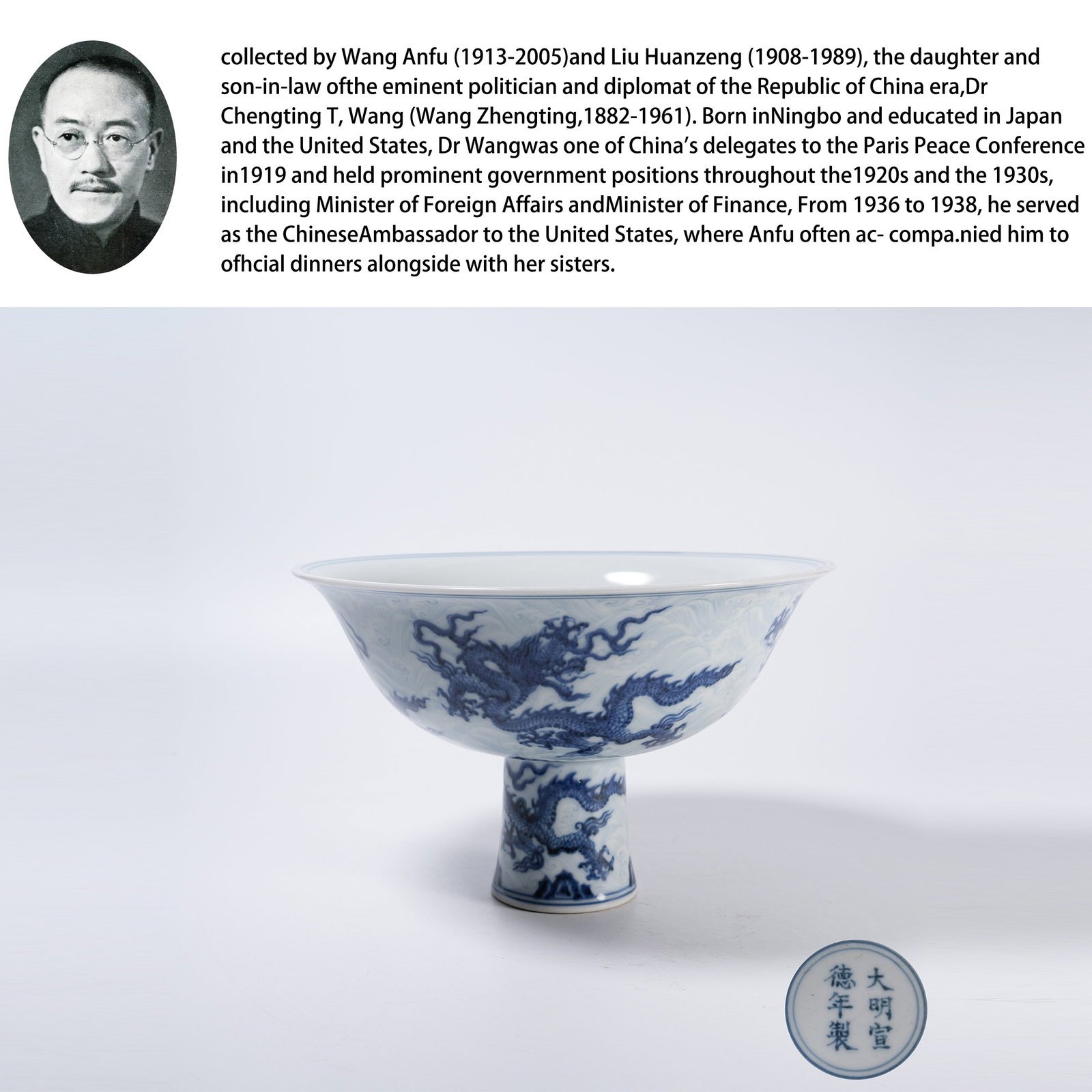 A BLUE AND WHITE STEM BOWL WITH DRAGON PATTERNS (1 of 10)