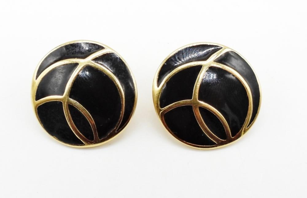 MONET BLACK & GOLD TONE CLIP ON EARRINGS: MONET BLACK & GOLD TONE CLIP ON EARRINGS