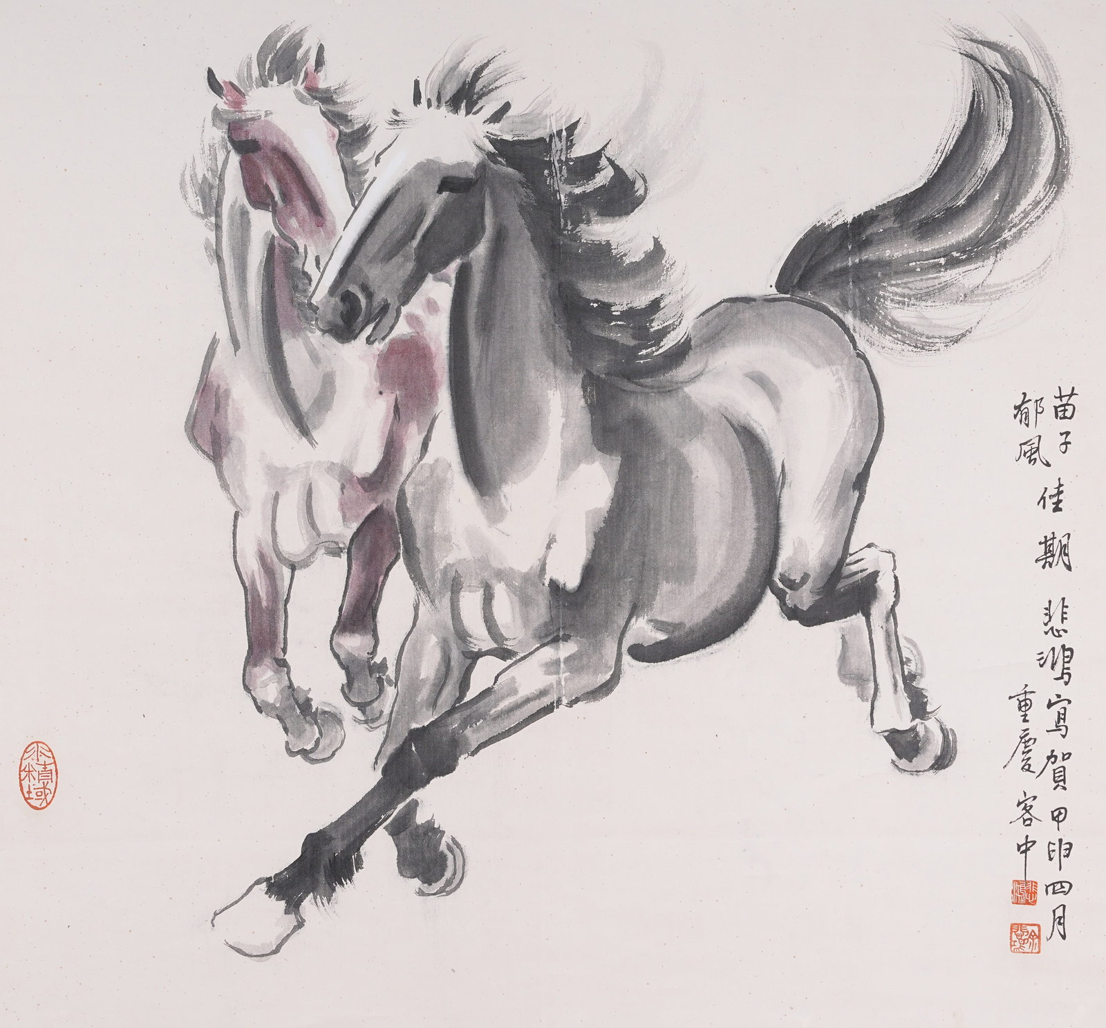 A TWO HORSES PAINTING ON PAPER BY XU BEIHONG.徐悲鴻: Two Horses Painting on Paper by Xu Beihong.徐悲鴻