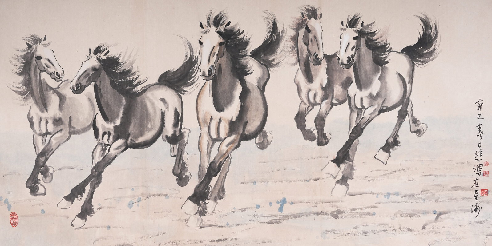 A GALLOPING HORSES PAINTING ON PAPER, MOUNTED PANEL BY XU BEIHONG.徐悲鴻: Galloping Horses Painting on Paper, Mounted Panel by Xu Beihong.徐悲鴻