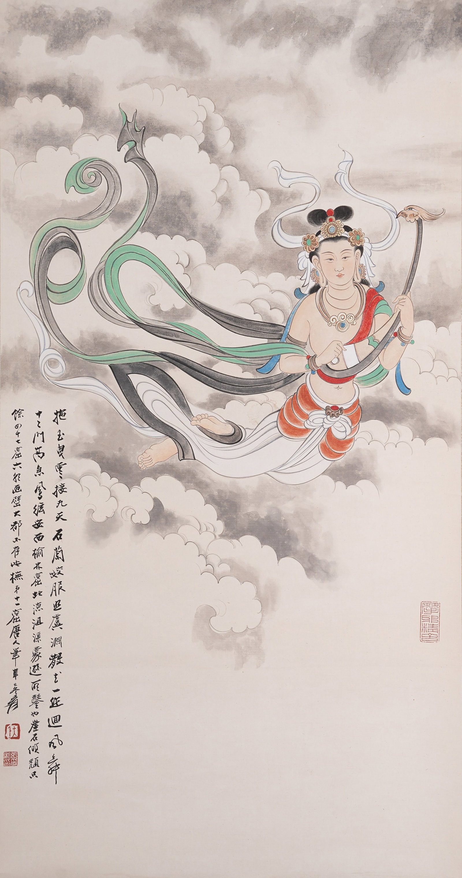 A FLYING APSARAS PAINTING ON PAPER BY ZHANG DAQIAN.張大千: Flying Apsaras Painting on Paper by Zhang Daqian.張大千