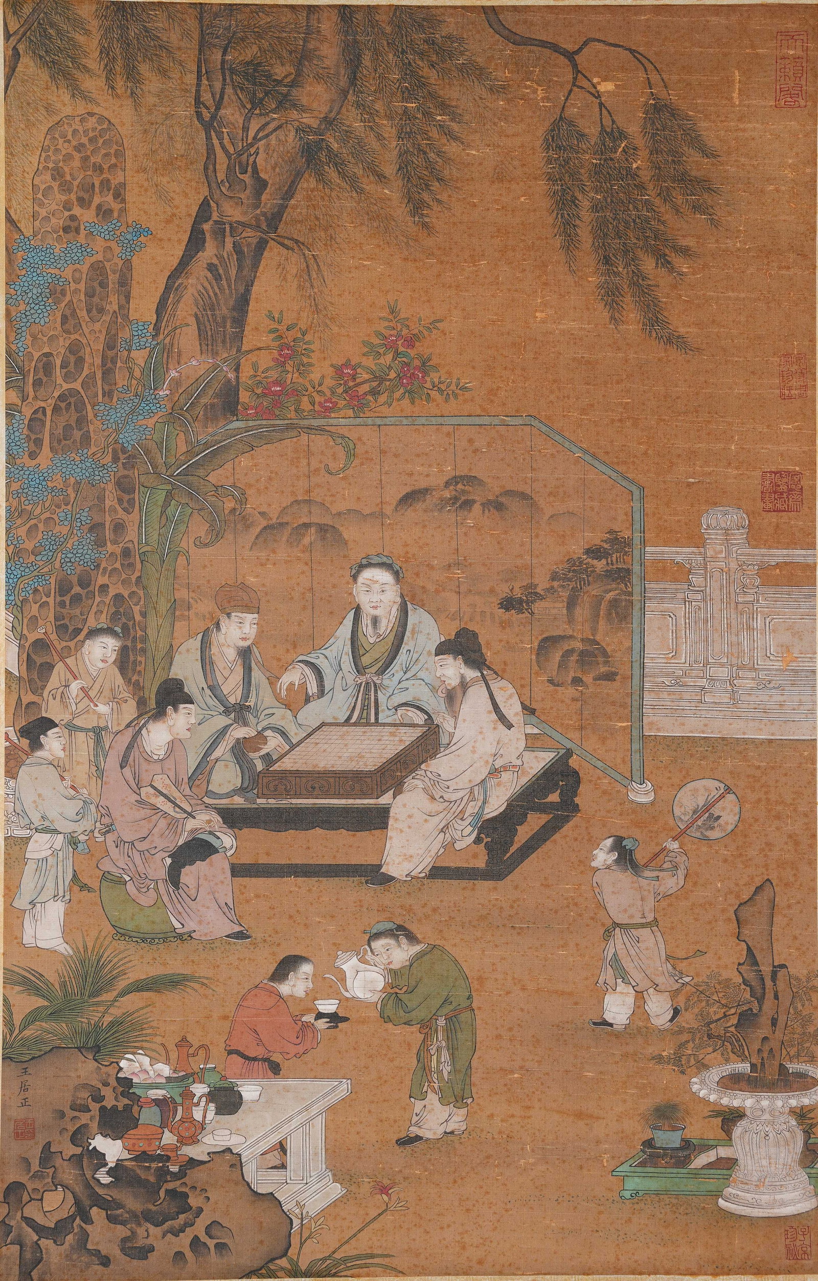 A SCHOLARS PLAYING GO PAINTING ON SILK BY WANG JUZHENG.王居正 (1 of 9)
