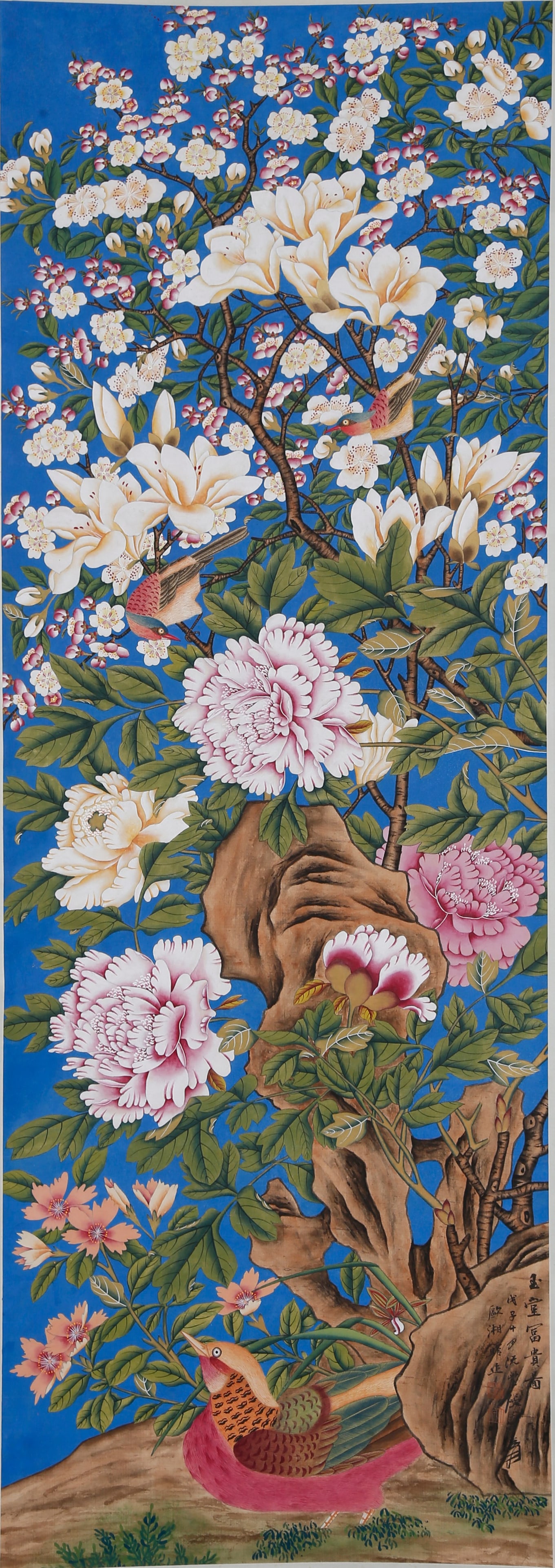 A ROCKS AND FLOWERS PAINTING ON SILK BY ZHANG DAQIAN.張大千: Rocks and flowers painting on silk by Zhang Daqian.張大千