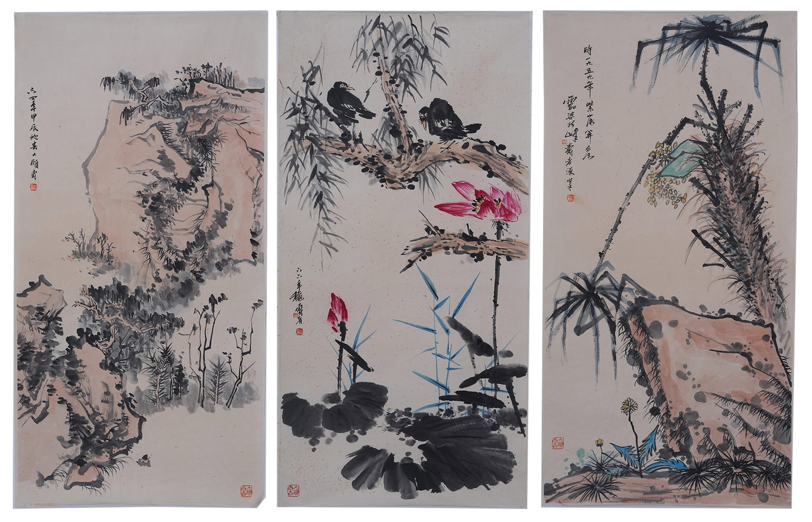A FLOWERS AND BIRDS ON PAPER BY PAN TIANSHOU, MOUNTED FOR HANGING (3 PIECES).潘天壽: Flowers and Birds on Paper by Pan Tianshou, Mounted for Hanging (3 pieces).潘天壽