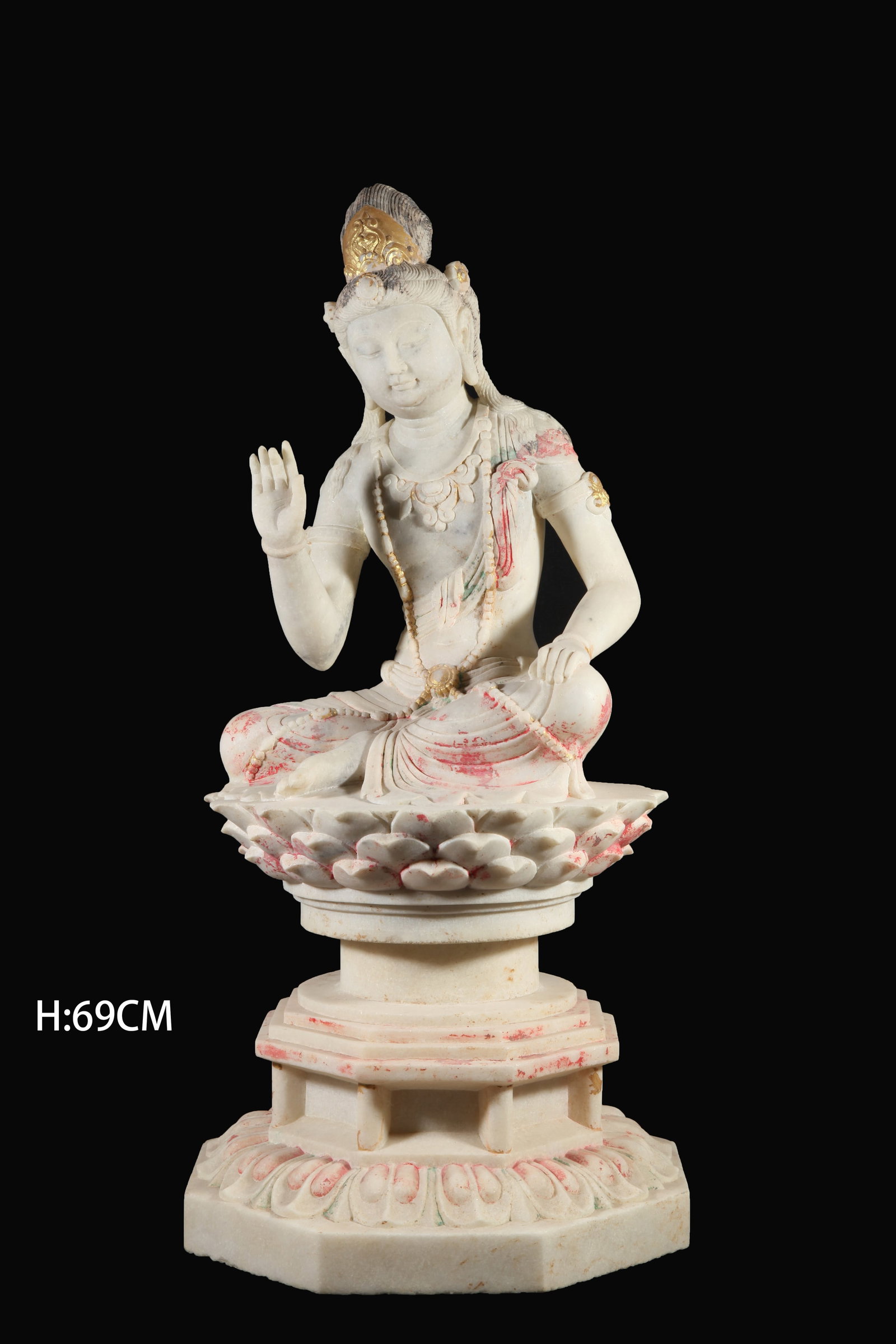 A PAINTED CARVED WHITE MARBLE BODHISATTVA STATUE: Painted carved white marble Bodhisattva statue