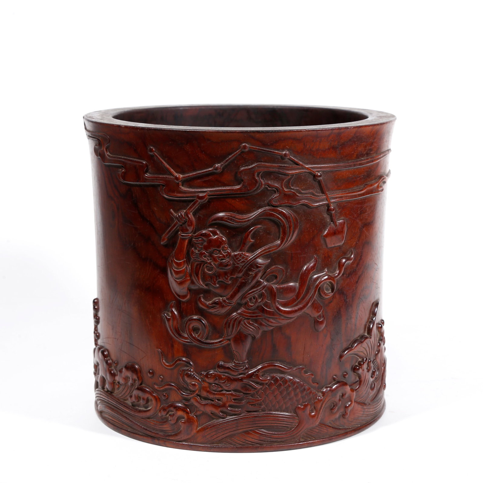 A BRUSH POT CARVED WITH KUI?STAR?STRIKING?DIPPER PATTERN IN HUANGHUALI WOOD: Brush pot carved with kui?star?striking?dipper pattern in huanghuali wood