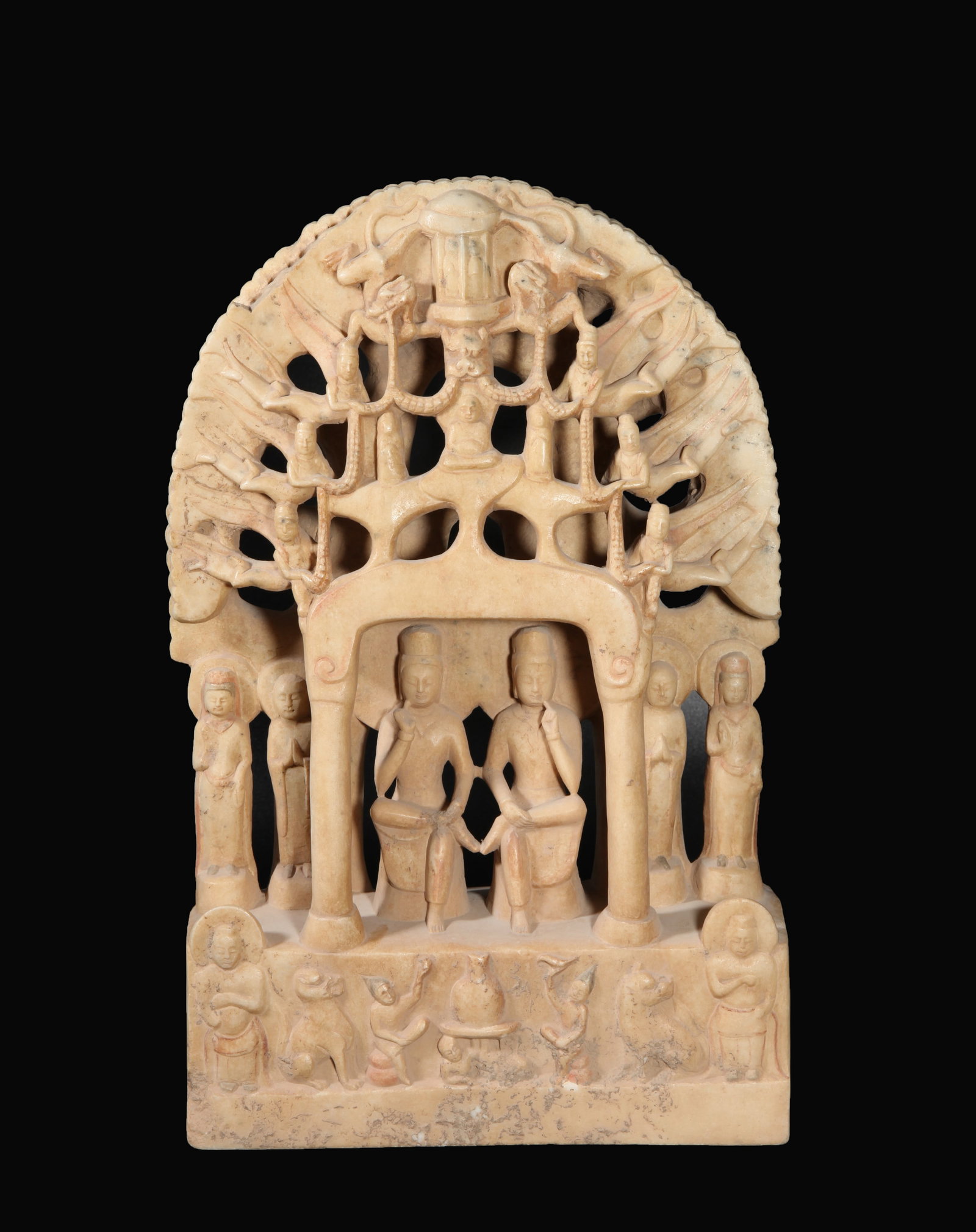 A PAINTED CARVED WHITE MARBLE THINKING BODHISATTVA STATUE: Painted carved white marble Thinking Bodhisattva statue