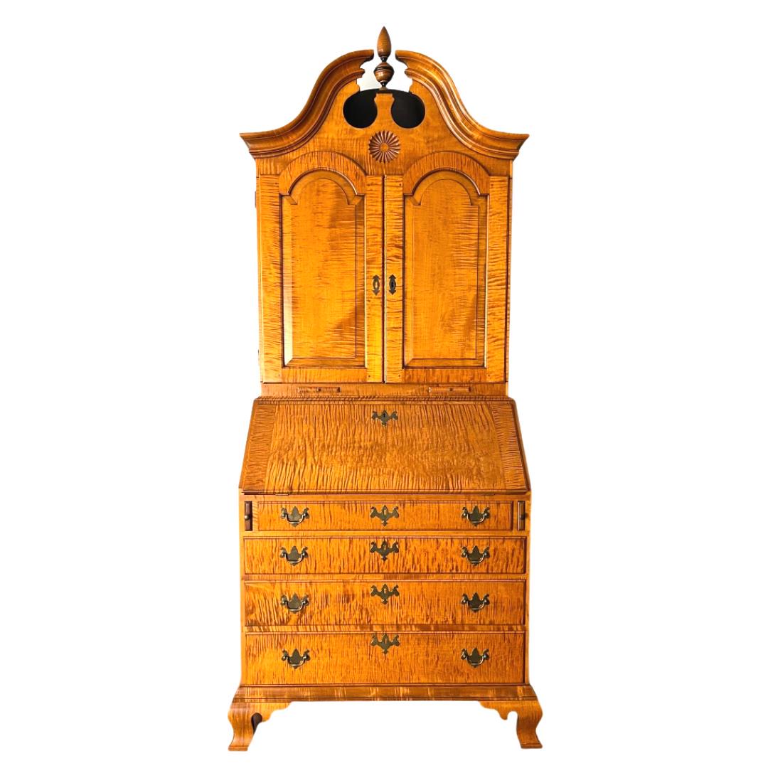 Eldred Wheeler Queen Anee Tiger Maple Bonnet Top Secretary, Signed, 2005: Purchased in 2005 by the original owner directly from Eldred Wheeler, this Bonnet Top Secretary has been meticulously stored and cared for. The piece bears no visible flaws and retains the original la