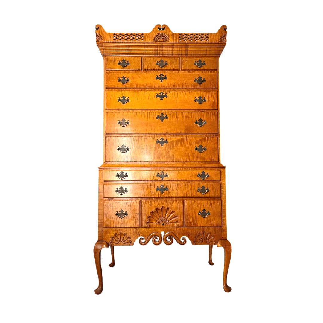 Eldred Wheeler Queen Anne Tiger Maple Highboy with Basketweave Cornice, Signed 2005: Purchased in 2005 by the original owner directly from Eldred Wheeler, this Highboy with Basketweave Cornice has been meticulously stored and cared for. The piece bears no visible flaws and retains the