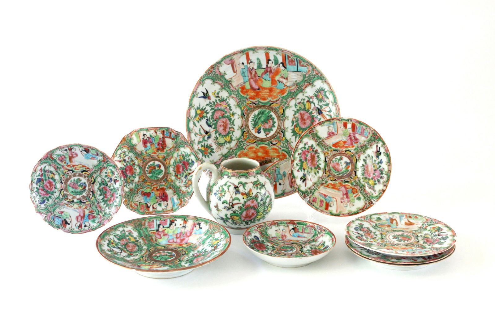 19th Rose Medallion Assorted Grouping, set of 10: Includes one plate apx. 10" dia, a small tea pot or creamer, 6 saucers of different shapes apx. 6" or smaller, and two shallow bowls. No markings on bottom.