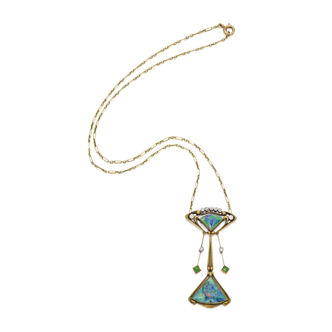 Art Nouveau Black Opal, Diamond and Demantoid Garnet Necklace 14K (1 of 4)