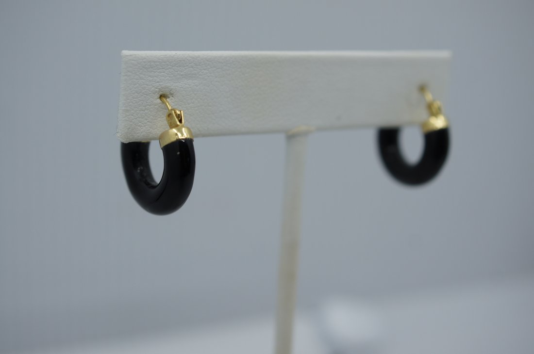 Onyx Hoop 14K Yellow Gold Earrings: Onyx and 14K Hoop Earrings • Dimensions 18mm x 4.5mm • 14K Yellow Gold • Hallmark: 14K on post