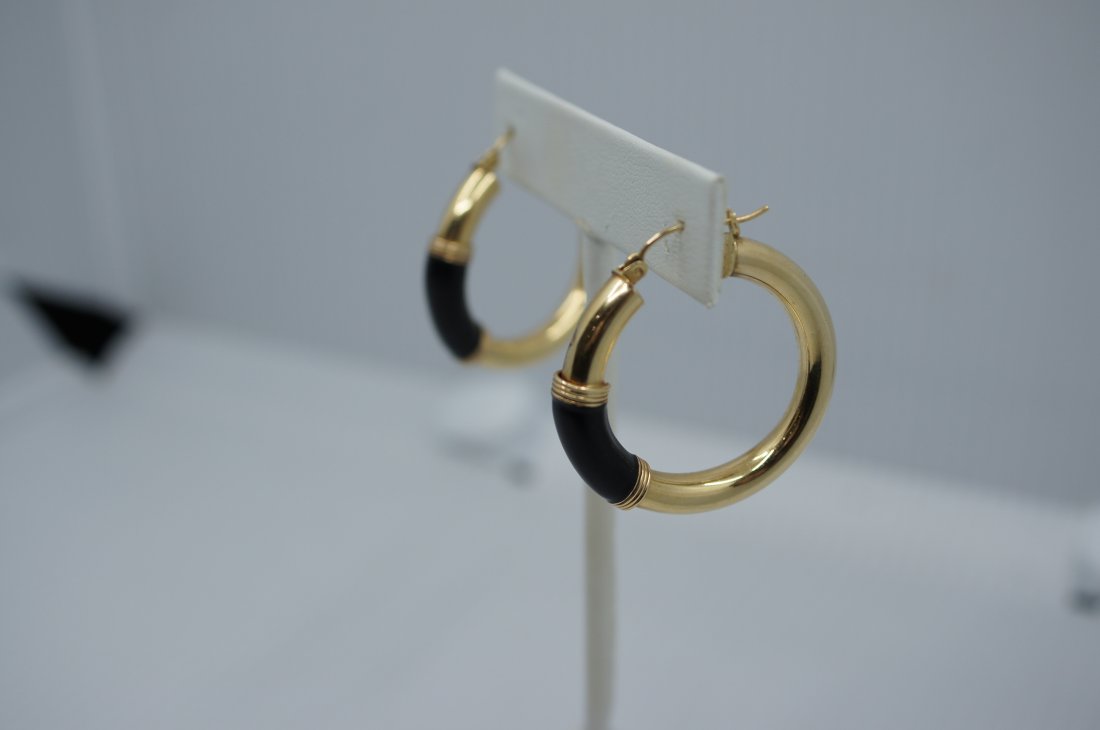 Gold & Onyx Hoop Earrings 14K Yellow Gold: Gold & Onyx Hoops 14K • Dimensions: 23mm x 6.3mm • 14K Yellow Gold • Hallmark: 14K on post