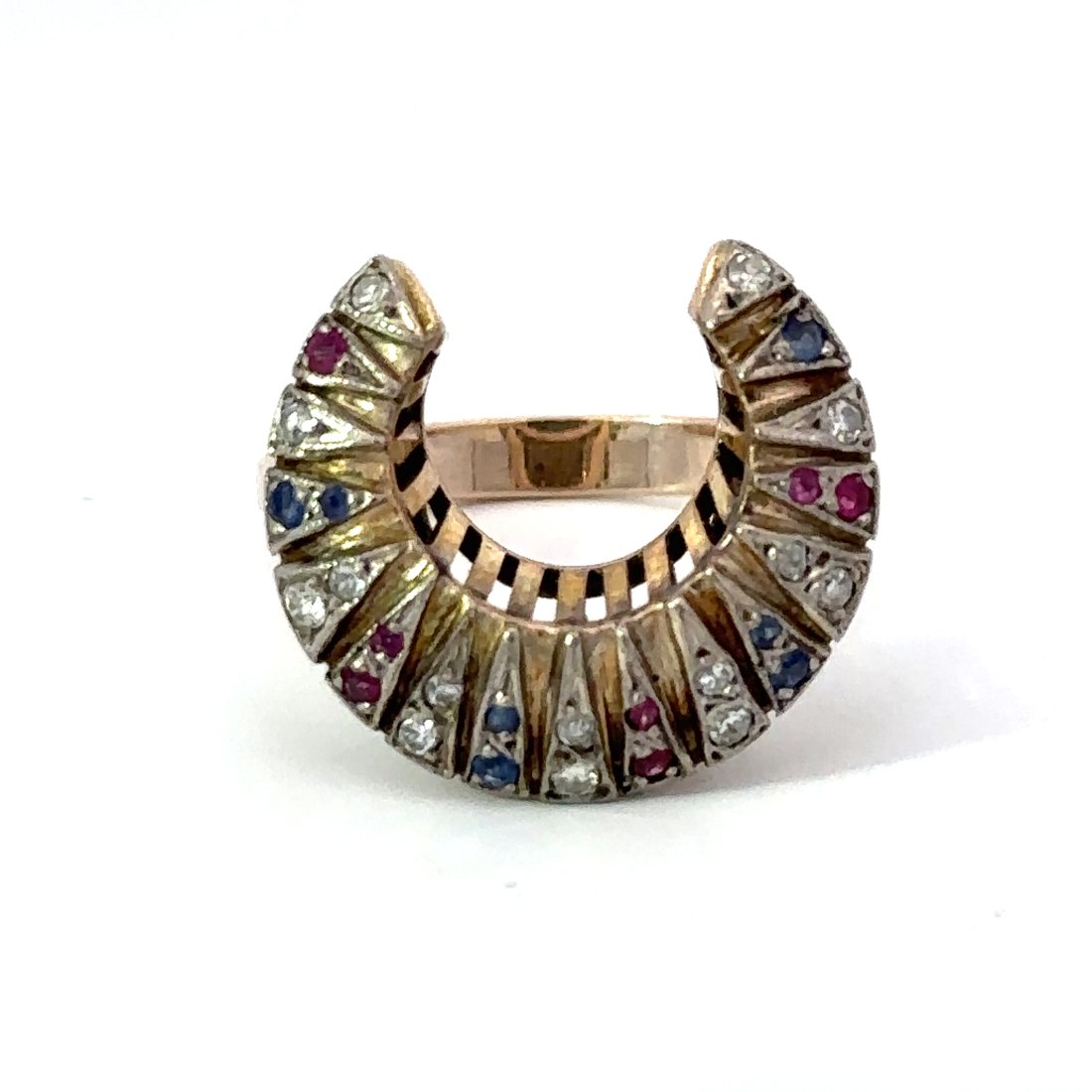 Art Deco Horse Shoe Ring - Ruby, Sapphire and Diamond - Platinum and Gold: Stunning Art Deco Horse Shoe Ring beautifully set in 14K yellow gold with seven rubies, seven sapphires and fourteen diamonds set in Platinum and Ring Size 7.5 * Can be sized. Not hallmarked but tests