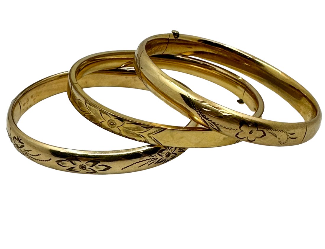 Victorian Gold Bangles: Three Vintage Gold Filled Bangles with Victorian Floral Motif. A gold bangle is lovely, but three Victorian Engraved Golf-Filled Bangle's are quite marvelous! Since Ancient times, we've had versions o